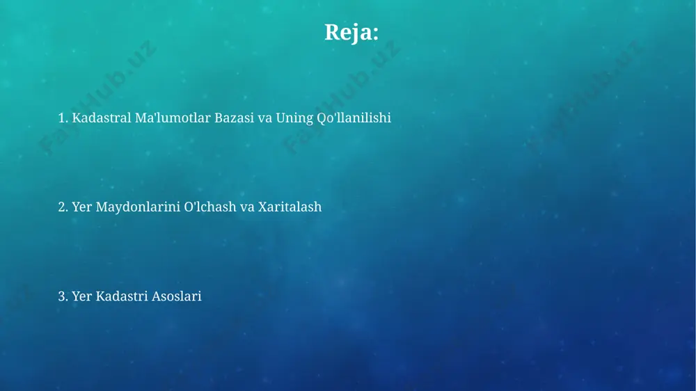 stkalarining egalik huquqini tasdiqlash, soliq solish, yer resurslarini boshqarish va boshqa ko'plab maqsadlar uchun ishlatiladi, bu jarayon davlat tomonidan nazorat qilinadi. kadastr ma'lumotlar bazasi yer uchastkalari haqidagi geometrik, yuridik va iqtisodiy xususiyatlarni, shuningdek, 20 dan ortiq xususiyatlarni o'z ichiga olgan murakkab ma'lumotlarni saqlaydi va yangilaydi. yer kadastri va davlat boshqaruvi davlat boshqaruvi yer kadastri ma'lumotlaridan foydalanib, yer resurslarini samarali boshqarish, soliqlarni hisoblash, yerga bo'lgan huquqlarni ro'yxatga olish va ekologik monitoringni amalga oshirishda foydalanadi. kadastr ma'lumotlar bazasi 10 million gektardan ortiq yer maydonini qamrab oladi va 20 dan ortiq atributlarni o'z ichiga olgan holda, yer uchastkalari to'g'risidagi to'liq ma'lumotlarni saqlaydi. kadastral baholash kadastr baholash yer uchastkalarining bozor qiymatini aniqlash uchun 3 ta asosiy usuldan (taqqoslash, daromad va xarajatlar) foydalanadi va bu jarayon davlat tomonidan tasdiqlangan me'yorlarga muvofiq amalga oshiriladi. kadastr baholash natijalari, soliq hisob-kitoblari, yer uchastkalarini sotish va ijaraga berish kabi jarayonlarda 5 yildan ortiq muddat davomida huquqiy kuchga ega bo'ladi …