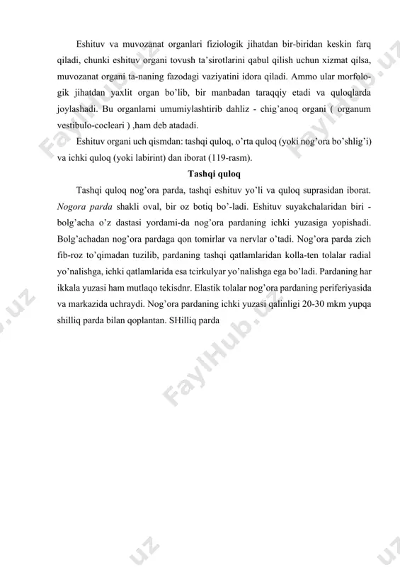 ishlab chiqaradi. quloq sarig’i esa o’z tarkibida yog’lar va oltingugurt saqlovchi va eshi-tuv nayini ho’llab turuvchi sarg’imtir suyuqlikdir. quloq suprasi teri bilan qoplangan elastik tog’ayli yuqa plastinkadan iborat. ko’p qavatli yassi epiteliy yuzasida oz miqdorda ingichka tuklar mavjud. supra terisida yog’ bezlari-ning chiqaruv yo’llari va kam miqdorda ter bezlari uchraydi. o’rta quloq urta quloq nog’ora bo’shliq, eshituv suyakchalari va eshituv naychasidan iborat (119-rasm ga q). urta quloq bo’shlig’i - n o g’ ora bo’shliq chakka suyagida joylashib, ichi havo bilan to’lgan. uning devori, eshituv suyakchalari va nog’ora pardaning ichki yuza-si shilliq parda bilan qoplangan. bu parda periost bilan zich birlashib ketgan yupqa biriktiruvchi to’qima qatlamidan va bir qavat kubsimon yoki tcilindrsimon epiteliydan tuzilgan. nog’ora bo’shliqning medial devorida 2 ta teshik yoki» «darcha» bor. birinchisi oval «darcha» bo’lib, unga uzangi suyakchasining asosi porshen’ shaklida kirib turadi. bu darcha nog’ora bo’shliqni chi-g’anoqning dahliz (vestibulyar) narvonidan ajratadi. ikkinchisi aylana darcha bo’lib, u tolali …