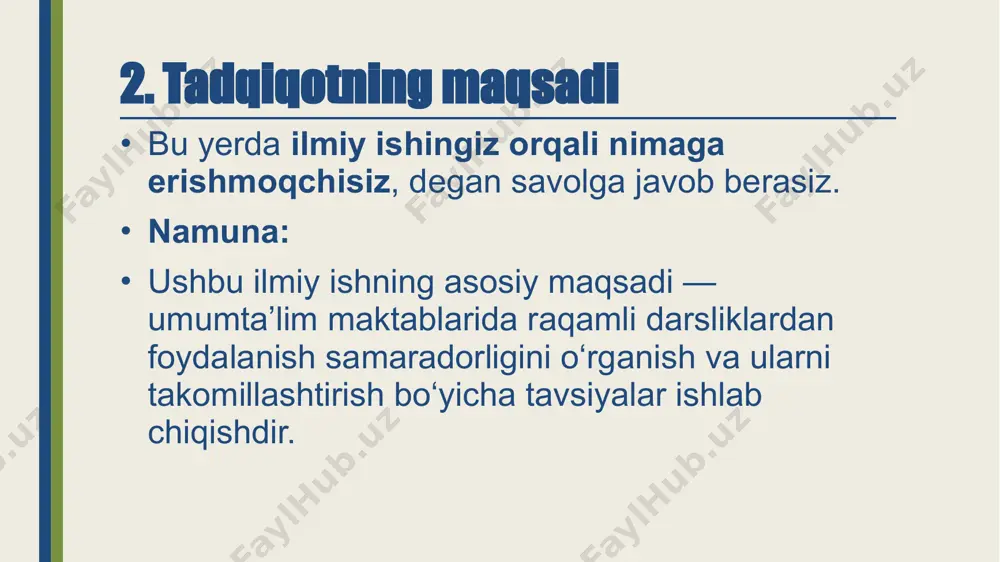 yoritilishiga erishgan bo‘lishi va bob oxirida bayon etilgan materiallar asosida xulosasiga ega bo‘lishi kerak. har bir bob oxirida keltiriladigan xulosa tadqiqot oxirida keltiriladigan umumiy xulosa qismida ikkinchi darajali dalillarga e’tibor berishdan ozod qiladi. xulosa va tavsiyalar qismi ilmiy ish umumiy hajmining 10-15% ni xulosa va tavsiyalar tashkil qiladi. ishning ayrim boblari ham xulosa va takliflar bilan tugallanishi mumkin, ammo ulardan eng muhimlari ishning yakunida aks ettirilishi kerak. tadqiqot so‘ngida tadqiqotchi o‘z xulosalariga asoslangan loyihaviy taklif beradi. xulosalar qo‘yilgan vazifalarga bevosita mos kelishi kerak. agar bunday muvofiqlik bo‘lmasa, unda ana shunday muvofiqlikka erishish uchun kirishga yana qaytish va vazifalarni qaytadan ifodalash lozim. tadqiqot xulosasida quyidagi shakllardan foydalanish mumkin: - referativ umumlashtirish, ya’ni boblar ketma-ketligi asosida; - ilmiy tadqiqotning muammoli bayoni asosida; - boblar ketma-ketligidan qat’iy nazar, mazmunini umumlashtirish asosida