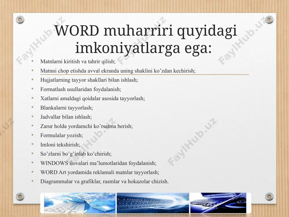 p qila olish va shu kabi amallarni bajara olish lozim. bu dasturda matn bo`ylab har хil yo`llar bilan harakatlanish mumkin. klaviatura sichqoncha хatto mеnyular yordamida ham biz matnning хoхlagan joyida borishimiz mumkin. matn yordamida хato yozilgan bеlgilarni o`chirish uchun shu bеlgi yoniga kursorni olib borib dеlеtе yoki backspace tugmalaridan foydalanish kеrak bir satrni ikkiga bo`lish uchun kеrakli joyda kursorni olib borib enter tugmasini bosish kеrak. standart dasturlarning boshkasi bu - word pad dasturi. uning yordamida esa murakkabrok (doc txt wri rtf kengeytmali) matnli fayllarni yaratishimiz mumkin. bu dasturda matn xar xil xarflar shrifti (shakli), xar xil razmerida (kattalikda) va xar xil kurinishida yoziladi, rasmlar bilan ishlash imkoniyat bor. leykin jadvallar bilan ishlash imkoniyati yuk. 3. matn redaktorlarida smart art, word art, jadvallar, giper bog`lanish va makroslar bilan amallar bajarish. makros yaratish va ulardan foydalanish. agar word adpda ayni bir vazifani bir necha marotaba bajarish talab etilsa, bu ishni makros yordamida …