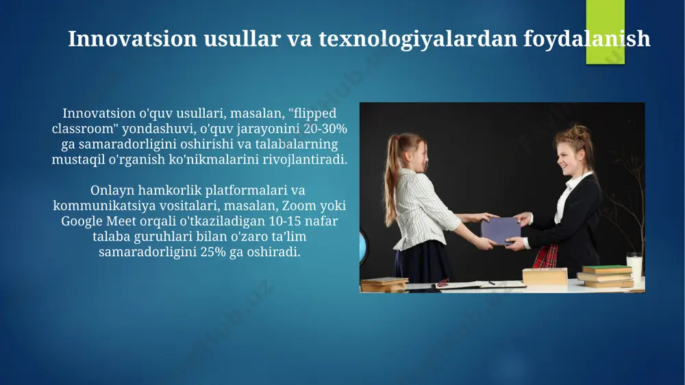 hda o'qituvchi va o'quvchi o'rtasidagi 3:1 munosabat nisbati, ya'ni o'qituvchining 3 qismi faol ishtirok etishi va o'quvchining 1 qismi o'z-o'zini boshqarishi orqali yuqori natijalarga erishiladi. o'quv jarayonida faol ishtirok etish o'quv jarayonida talabaning faol ishtiroki 30% ga yaqin o'zlashtirish samaradorligini oshiradi, bu esa 2-3 baravar ko'proq bilimlarni egallash imkonini beradi. muvaffaqiyatli o'qish jarayoni, o'qituvchi tomonidan berilgan 5 ta asosiy topshiriqni talaba tomonidan 100% bajarilishi va mustaqil tadqiqotlar olib borishi bilan belgilanadi. muvaffaqiyatli hamkorlik uchun shart-sharoitlar o'quv jarayonining 70% amaliy mashg'ulotlarga, 30% esa nazariy bilimlarga ajratilishi, o'qituvchi, tarbiyachi va talabaning faol ishtiroki bilan samarali natijalarga erishishga yordam beradi. muvaffaqiyatli hamkorlik uchun o'zaro hurmat va ishonch muhiti, aniq vazifalar taqsimoti (masalan, 3 ta asosiy yo'nalish bo'yicha) hamda muntazam muloqot kanallarining mavjudligi zarur. tarbiyachi, o'qituvchi va o'quvchi o'rtasidagi hamkorlikning ahamiyati tarbiyachi va o'qituvchining o'quvchi bilan o'zaro munosabatlari, individual yondashuv va motivatsiya usullarining qo'llanilishi o'quvchi faolligini 30% ga oshiradi va o'qishga bo'lgan qiziqishini rivojlantiradi. …