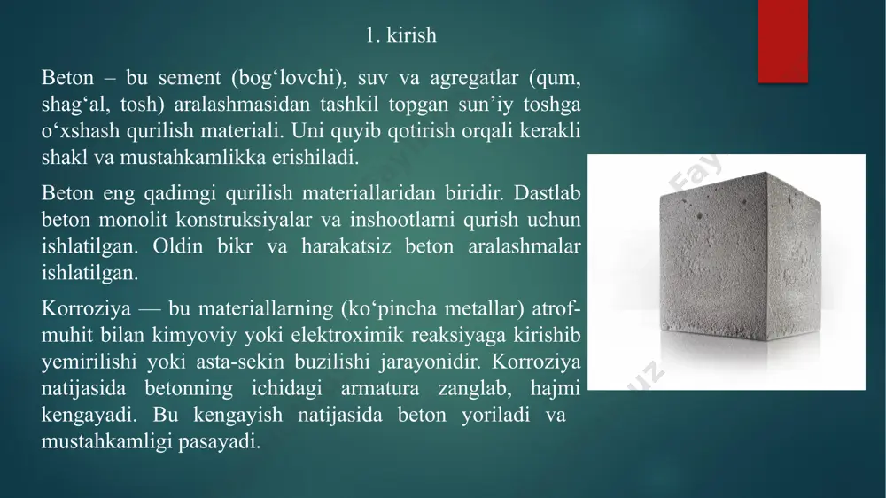 ini kamaytiradi. • past suv-sement nisbati : odatda, nisbati 0,45 dan past bo'lishi tavsiya etiladi, ba'zi hollarda undan ham past. b. sulfatga chidamli betonlar uchun: • kam uch kalsiy alyuminat miqdori (c3a) : sement tarkibidagi (c3a) miqdori kam bo'lishi kerak (odatda 5% dan kam). • sulfatga chidamli sement : maxsus sulfatga chidamli portlandsement ishlatiladi. 2.2 korroziyaga chidamli betonlarga qo’yiladigan talablar c. kislotaga chidamli betonlar uchun: • kislotaga chidamli sement: maxsus kislotaga chidamli sementlar (masalan, suyuq shisha asosidagi sementlar) ishlatiladi. • zich agregatlar: kislotaga chidamli agregatlar (granit, bazalt) ishlatiladi. • polimer qo'shimchalar: polimer qo'shimchalar betonning kislotaga chidamliligini oshiradi. • yuzaki himoya qoplamalari: ba'zan, beton yuzasiga kislotaga chidamli qoplamalar qo'llaniladi. d. sovuqqa chidamli betonlar uchun: • havo kirituvchi qo'shimchalar: beton tarkibida havo kirituvchi qo'shimchalar bo'lishi kerak, bu beton ichida mikroskopik havo pufakchalarini hosil qiladi va muzlash paytida hosil bo'ladigan bosimni kamaytiradi. • past suv-sement nisbati : suv-sement nisbati muzlash-erish sikllariga chidamlilikni oshirish …