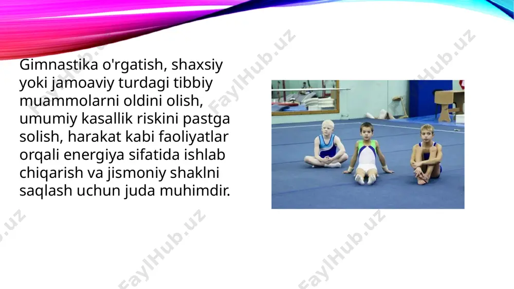arajasiga, maqsadingizga va boshqa shaxsiy xususiyatlaringizga qarab turadi. bundan tashqari, har bir shaxsning o'zlashtirish dasturini tuzishda tibbiy maslahat olish juda muhimdir. ammo umumiy ravishda, quyidagi shartlar o'zlashtirish uchun muhimdir: ishonchli tozalik: mashqlarni boshlashdan oldin, sport zonasini tozalash, sport kechasi va dastlabki ishlar uchun mehmonxonani tayyorlash juda muhimdir. bu sizning dasturda ishonchli va qulay hissatlaringizni o'rganganingizda muhimdir. isitish mashqlari: jismoniy faoliyatdan oldin, o'zining ishonchli isitish mashqlarini amalga oshirish kerak. isitish, jismoniy yoki qiziqarli boshqa mashqlarga o'tish uchun jismoniy tayyorgarlikni oshiradi va urinishlarning keyingi zarur qismini osonlashtiradi. gradatsiya: mashqlarni boshlashda, ulardan bir qismini tayyorlash va o'zlashtirish uchun uning intensivligini va davomiyligini oshirish juda muhimdir. gradatsiyani saqlash, olg'a va urinishlarni mustahkamlaydi, va jismoniy yorqinlik va zararlarini kamaytiradi. texnikaga e'tibor bering: gimnastika mashqlari texnika va ko'nikmaga e'tibor bermoq sharttir. har bir mashqni to'g'ri bajarish uchun to'g'ri texnika va usullarni o'rganish, zararli o'zgarishlardan saklanish uchun muhimdir. regularlik: gimnastika mashqlarini o'zlashtirish uchun tashqarida belgilangan dasturlarni tuzishingiz, …