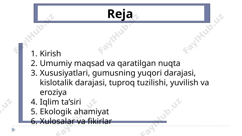 ng yuqori qatlamdan ko‘chishiga olib keladi, shu bilan tuproqning unumdorligi pasayadi. iqlim ta’siri namlik harorat yog‘ingarchilik namlik: nam subtropik o‘rmon tuproqlari asosan yuqori namlik sharoitida shakllanadi. bunday tuproqlar yuqori miqdordagi yog‘ingarchilik va issiq iqlim sharoitlari ta’sirida rivojlanadi. yuqori namlik o‘simliklarning o‘sishiga, shuningdek mikroorganizmlar va hayvonlar faolligiga yordam beradi. harorat: nam subtropik iqlimning issiq harorati tuproqning kimyoviy jarayonlarini tezlashtiradi. bu sharoitda o‘simliklar tezroq o‘sib, tuproqning organik moddalari tezroq parchalanadi. haroratning o‘zgarishi tuproqning kislotaligiga ham ta’sir qilishi mumkin. yog‘ingarchilik: yuqori yog‘ingarchilik bu tuproqlarning tuzilishiga, organik moddalar va minerallarni yuvib, quyidagi qatlamlarga olib borishiga sabab bo‘ladi. bu, o‘z navbatida, tuproqning unumdorligini oshirishi mumkin, lekin uzoq muddatda yuvilishning kuchayishi unumdorlikni kamaytiradi. nam subtropik o‘rmon tuproqlari, iqlimning issiq va nam sharoitlari ta’sirida shakllanib, o‘zining yuqori unumdorlik potentsiali va biologik xilma-xilligi bilan ajralib turadi. biroq, ularning unumdorligi va barqarorligi yuqori yog‘ingarchilik va eroziya jarayonlariga bog‘liq bo‘lishi mumkin. nam subtropik o‘rmon tuproqlari ekologik jihatdan juda muhim. biologik …