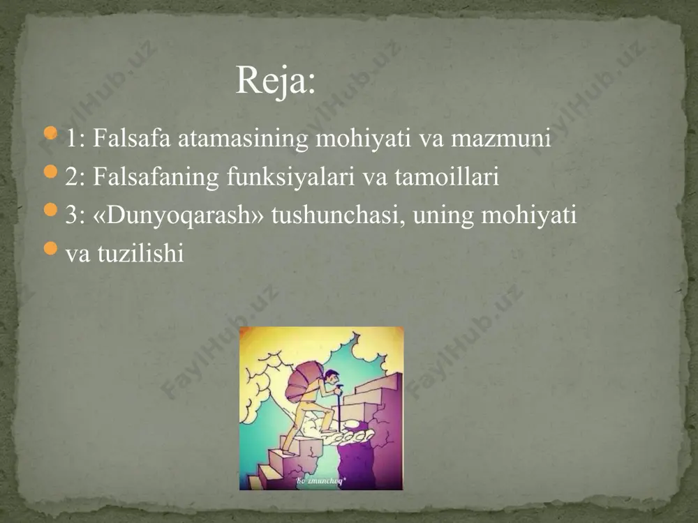 quyidagilardir: 1) dunyoqarashlik funksiyasi; 2) ontologik funksiyasi; 3) metodologik funksiyasi; 4) gnoseologik funksiyasi; 5) ijtimoiy funksiyasi; 6) aksiologik funksiyasi; 7) evristik funksiyasi. har bir kishining dunyoga nisbatan o‘z qarashi, o‘zi va o‘zgalar, hayot va olam to‘g‘risidagi tasavvurlari, xulosalari bo‘ladi. dunyoqarash – insonning olamni bir-butun yoki turli tuman holda ko‘rishi, idrok etishi, tasavvur qilishi, tushunishi hamda unda o‘z o‘rni va mavqeini, munosabatini belgilovchi qarashlar, baholar, tamoyillar majmuasidan iborat murakkab tizimdir. «dunyoqarash» tushunchasi dunyoqarash tarkibiga borliqning hissiy va aqliy in’ikosi sifatida hosil bo‘lgan sezgi, idrok va tasavvurdan tortib, tafakkurda mantiqiy jihatdan nazariy asosda qayta ishlangan falsafiy, siyosiy, huquqiy, axloqiy, estetik, diniy, badiiy va ilmiy bilimlar, nuqtai nazarlar, ishonch va e’tiqodlar kiradi. dunyoqarash tarkibiga «dunyoqarash» tushunchasi o‘zlikni anglash, vatanparvarlik, milliy g‘urur, tarixiy xotira, ma’naviy barkamollik kabi tuyg‘u va tushunchalar bilan uzviy bog‘liq holda shakllanadi. chunki, dunyoqarash aynan ana shu ruhiy-ijtimoiy hodisalar orqali oydinlashadi, umuminsoniy qadriyatlarning tarixiy bir bo‘lagiga aylanadi. dunyoqarashni shakllanishi 1: mifologik …