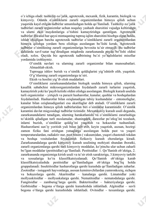 fizik-mexanik va genetik kurash usullari zararkunandalarga qarshi kurashda fizikaviy, mexanikaviy kurash usullari alohida o’rin tutadi. 1. fizikaviy usul deganda zararli organizmlarga qarshi gurli xil fizik omillarni qo’llash tushuniladi. fizik omillarga elektr toki, yorug’lik nuri, harorat o’zgarishlari (past yoki baland) radiaktiv nurlardan foydalanish va boshqalar kiradi. fizikaviy harorat o’zgarishlaridan ombor zararkunandalariga qarshi kurashda, urug’larda kasallik toxumini zararsizlantirishda (bug’doyni qora kuyadan, chigitni gommozdan va h.k.) keng qo’llaniladi. begona o’glarga qarshi kurashda olovli kultivatorlardan ham foydalaniladi. 2.zararli hasharotlarni o’ldirishda elektr tokidan foydalanish to’g’risida juda ko’plab tajribalar olib borilmoqda. bu masalada ma’lum muvaffaqiyatlarga ham erishildi. biroq elektr, tokidan foydalanish texnologiyasi va uning o’simlikka tasiri bo’yicha tadqiqotlar xali oxiriga yetkazilmagan. 3.zararli hasharotlarga qarshi kurashda yorug’likda hasharotlar tutqichlardan foydalanishda ham ma’lum muvaffaqiyatlarga eri. shildi. chunki, hasharotlarning ko’pchiligi tunda yorug’likka uchadi. hasharotlarni bu xususiyatidan zararli turlarga qarshi kurashishda foydalanishga uzoq vaqglardan beri qiziqib kelinar edi. biroq xozirgi paytda elektr yorug’ligida hasharot tutqichlardan faqat bashorat maqsadidagina foydalanilmoqda. kurash …