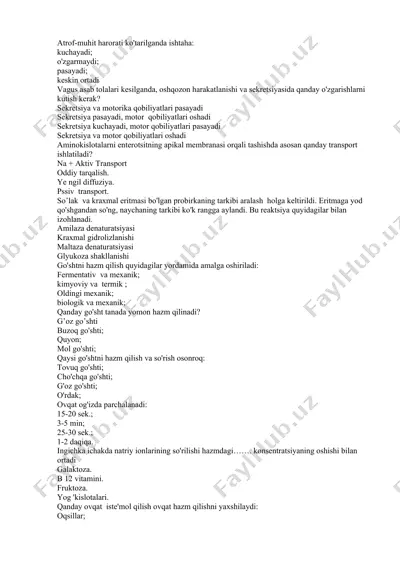 hayvonlar anatomiyasi test savollari — DOCX