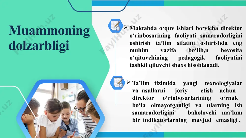 tizimi yaxshi rivojlangan, unda direktor o‘rinbosarlari faoliyati muhim ahamiyatga ega.ularning xizmat vazifasi maktabning hajmi va turiga qarab bir-biridan farq qiladi. direktor o‘rinbosarining asosiy vazifalari o‘qituvchilar va ota-onalar o‘rtasida aloqa o‘rnatish va barqaror o‘quv muhitini yaratishdan iborat. xorijiy tajribalarni o‘rganilganligi t/r amaldagi holat (o‘zbekistonda) amaldagi holat (xorijda) takliflar 1 aksariyat umumta’lim maktablarida o‘quv ishlari bo‘yicha direktor o‘rinbosarlari tomonidan hozirgi kunda o‘qituvchilarga professional rivojlanishlari uchun yangi metodikalarni o‘rgatishlaridagi sustkashliklar daniyada o‘quv ishlari bo‘yicha direktor o‘rinbosarlari o‘qituvchilar uchun professional rivojlanish dasturlarini tashkil etadi va ularning malakasini oshirishni ta’minlaydi har bir maktabda har chorakda o‘quv ishlari bo‘yicha direktor o‘rinbosarlari tomonidan mahorat darslarini o‘tish uchun qo‘llaniladigan ta’lim texnologiyalari bo‘yicha seminarlar o‘tib berishlari kerak 2 bizning aksariyat umumta’lim maktablarining o‘quv ishlari bo‘yicha direktor o‘rinbosarlari o‘zlarining faoliyatlarini baholab borish uchun o‘qituvchilar va o‘quvchilarning fikrlari, tavsiyalar bilan maslahatlashmasligi gollandiyada direktor o‘rinbosarlari va o‘qituvchilar o‘rtasida muntazam ravishda uchrashuvlar va ochiq muloqotlar tashkil etiladi. bu o‘qituvchilar va rahbarlar o‘rtasidagi hamkorlikni …