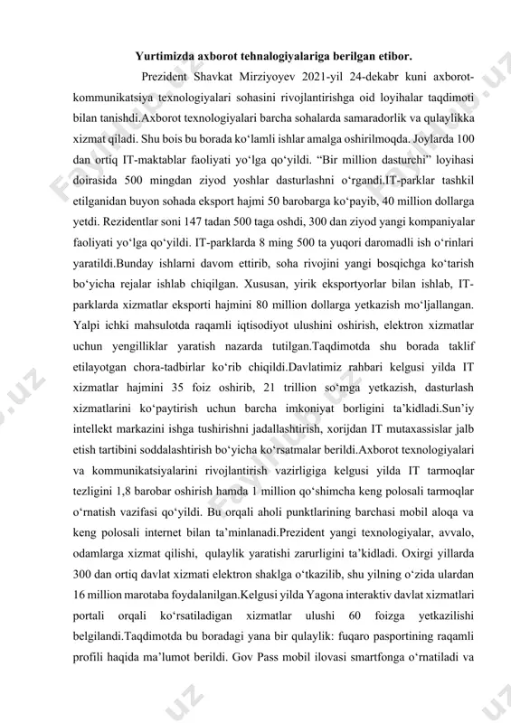 azifasi qo‘yildi.davlatimiz rahbari sohani rivojlantirishning moliyaviy manbalarini mustahkamlash bo‘yicha ham ko‘rsatmalar berdi “axborot tehnalogiyalari” kafedrasi tarixi. 1976 yilda toshkent xalq xo‘jaligi institutining andijon filiali tashkil qilindi. filial tarkibida ikkita kafedra bo‘lgan: xar bir kafedra bir nechta yo‘nalishdagi fanlar bo‘yicha o‘quv mashg‘ulotlarini olib borgan. bu kafedralardan biri «moliya, buxgalteriya hisobi, statistika va oliy matematika» nomi bilan atalgan. filial rivojlanishi bilan bir yo‘nalish mujassamlangan mustaqil kafedralar tashkil qilina boshlandi. bulardan biri 1979 yilning 15 mart oyida tashkil qilingan «oliy matematika» kafedrasi edi. bu vaqtda kafedra “oliy matematika”, “exm va programmalashtirish”, “ehtimollar nazariyasi” fanlari bo‘yicha mashg‘ulotlar olib borilgan. kafedra tashkil qilingandan beri turli nomlar bilan atalib kelindi. «oliy matematika» (1979-1985), «iqtisodiy informatika va statistika» (1985-1992), «iqtisodiy informatika va abs» (1992-1995), «boshqaruvning irformatsion asoslari» (1995-2000), «iqtisodiyotda axborot tizimlari» (2000-2001), «iqtisodiy informatika»(2001-2005), «informatika va axborot texnologiyalari»(2005-2010), «matematika va informatika»(2010-2012). xozirgi kunda «matematika va informatika» kafedrasidan 2012 yildan «axborot texnologiyalari» kafedrasi ajralib chiqdi va unga iqtisod …