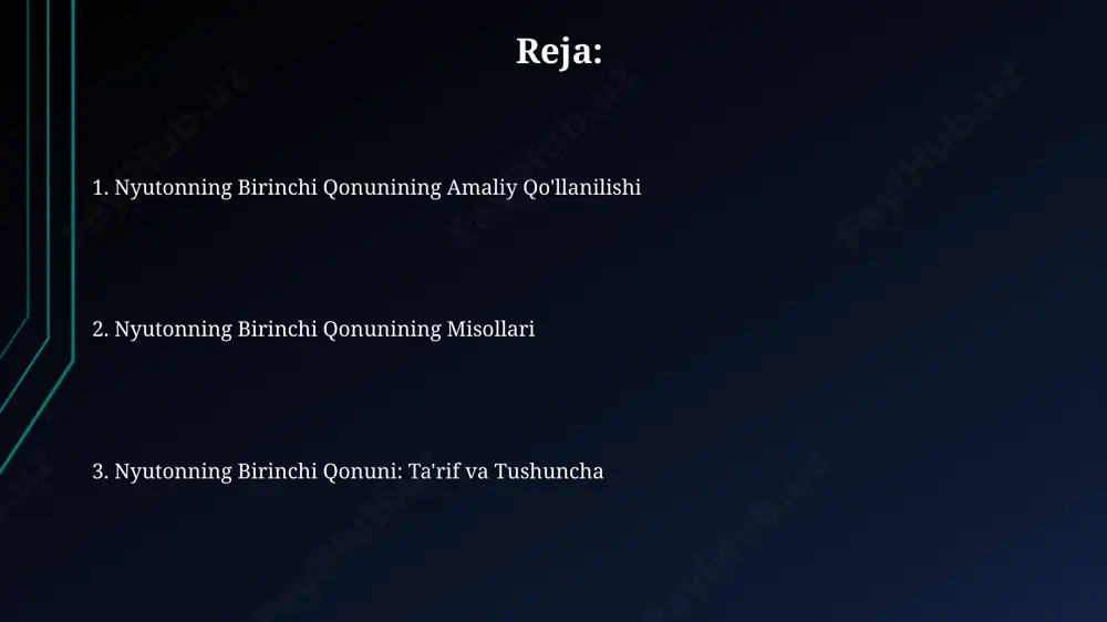 irda 10 -11 n/kg 2 kabi kichik miqdordagi kuchlar ta'sirida ham sezilarli bo'lishi mumkin. inertsiya tushunchasi nyutonning birinchi qonunining asosiy tamoyili bo'lib, 17-asrda angliyada paydo bo'lgan va jismlarning harakat holatini saqlash moyilligini 2-3 marta kuchaytirish mumkinligini ko'rsatadi. kundalik hayotdagi misollar 10 kg og'irlikdagi to'p stol ustida tinch holatda yotadi, unga kuch ta'sir etmaguncha u o'z holatini o'zgartirmaydi, bu toshkentdagi maktab laboratoriyasidagi tajriba misolidir. fikrlash jarayonida, miya hujayralarining 100 milliarddan ortiq faoliyati tashqi ta'sirsiz o'z faoliyatini davom ettiradi, bu esa andijonlik bir oliming neyronlar haqidagi izlanishlarini eslatadi. nyutonning birinchi qonunining bayoni nyutonning birinchi qonuni yer singari 1-turdagi massaga ega bo'lgan jismlar tashqi kuch ta'sir etmaguncha, 0 tezlikda yoki tekis chiziqli harakatda bo'lishini tasdiqlaydi. 1687-yilda chop etilgan "principia" asarida nyuton o'zining birinchi qonunini ifodalab, 3 o'lchovli evklid fazosida harakatlanuvchi jismlarning xatti-harakatlarini aniqladi. e'tiboringiz uchun rahmat @taqdimot_robot image1.jpg image2.jpg image3.jpg image4.jpg image5.jpg image6.jpg image7.jpg