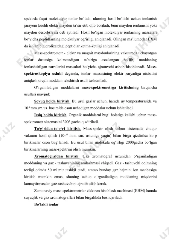 miqdorini kamaytirmasdan gaz-tashuvchini ajratib olish kerak. zamonaviy mass-spektrometrlar elektron hisoblash mashinasi (ehm) hamda suyuqlik va gaz xromatograflari bilan birgalikda boshqariladi. bo‘lakli ionlar mol. iondan dissotsialanish jarayoni natijasida bo‘lakli ionlar hosil bo‘ladi. mol. iondan ajralib chiqayotgan zarracha m radikal yoki neytral molekula bo‘lishi mumkin. agar a* ionning energiyasi etarli bo‘lsa parchalanib turli ion bo‘laklarini hosil qiladi, bu jarayon oxirgi bo‘lakli ionning energiyasi keyingi parchalanishga etarli bo‘lmaguncha davom etadi. mass-spektr bo‘yicha bunday ketma-ketlikdagi parchalanishni o‘rganish bo‘lakchalarning hosil bo‘lish yo‘llari yoki yo‘nalishlari deb aytiladi. mol. ion mva xoxlagan bo‘lakli ionlar (a, v, s) birqancha yo‘nalish bo‘yicha parchalanishi mumkin. parchalanishning turli xil yo‘nalishlarini birlashtirib bo‘lakchalarning hosil bo‘lish chizmasi tuziladi. bir yo‘nalish bo‘yicha bo‘lakchalarning hosil bo‘lish chegarasi mol. ionning (m) boshlang‘ich ichki energiyasi bilan belgilanadi, hamda ionning hosil bo‘lish va uni yozilish vaqti bilan aniqlanadi. shuning uchun ham mass-spektr faqat bo‘lakchalarning hosil bo‘lishigina bo‘lmay, balki ma’lum energiya va vaqtda ularning ko‘rinishi hisoblanadi (rasm). rasm. ion …