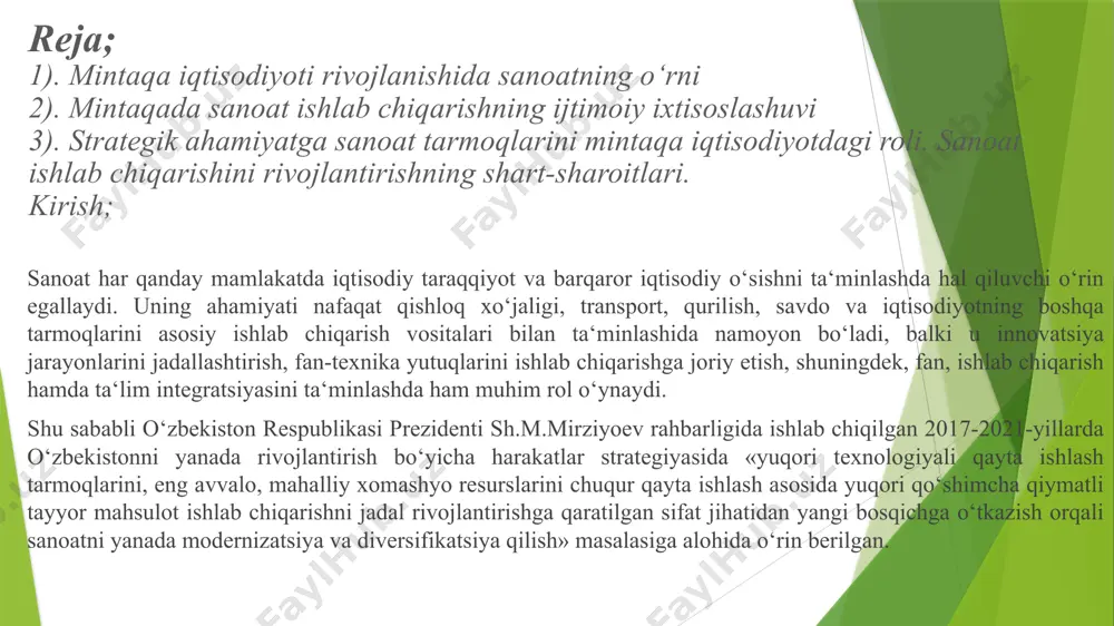 asosiy qismi hisoblanadi. «brokgauz va efronning ensiklopedik lug‘aviy manosidan» kelib chiqadigan bo‘lsak »sanoat» tushunchasi kengroq ma’noda «insonning hunarmandchilikka yo‘naltirilgan, moddiy buyumlarni yaratish, o‘zgartirish yoki ko‘chirishga qaratilgan xo‘jalik faoliyati»ni, tor ma’noda esa «biron bir xom ashyoni iste‘mol uchun yaroqli narsaga qayta ishlashni, aylantirishni» anglatadi. sanoatning jamiyat ishlab chiqarishda mustaqil soha sifatida paydo bo‘lishi, tarixiy jihatdan qishloq xo‘jaligidan hunarmandchilikni ajralib chiqish jarayoni bilan bog‘liq. bozor iqtisodiyotining rivojlanishi sanoatning jadal o‘sishiga va sanoat mahsulotlari ishlab chiqarishning tubdan o‘zgarishiga, oddiy kooperatsiyaning manufakturaga, keyin esa yirik mashina industriyasiga – fabrikalarga aylanishiga olib keldi. zamonaviy sanoat tarmog‘i yuqori ixtisoslanganlik darajasi bilan ajralib turadi. mehnatning ijtimoiy chuqur taqsimlanishi natijasida sanoatning tarkibiy qismini tashkil etuvchi ko‘plab sohalari paydo bo‘ladi. iqtisodiy faoliyat turlari bo‘yicha sanoat tarmog‘i quyidagi turlarga bo‘linadi: - tog‘-kon sanoati va ochiq konlarni ishlash; - qayta ishlash sanoati (ishlab chiqaradigan sanoat); - elektr, gaz, bug‘bilan ta‘minlash va havoni konditsiyalash; - suv bilan ta‘minlash, kanalizatsiya tizimi, chiqindilarni yig‗ish …