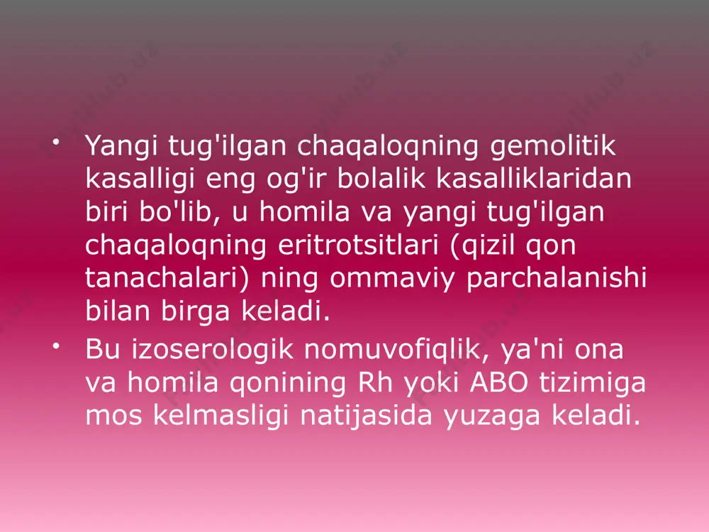 oshqalar orasida eng og'ir shakli hisoblanadi. qoida tariqasida, u hatto bachadonda ham rivojlana boshlaydi . ko'pincha abortlar erta homiladorlikda sodir bo'ladi. ba'zida homila kechroq vafot etadi yoki keng tarqalgan shish, og'ir anemiya (gemoglobin (kislorodni olib yuruvchi qonning rang beruvchi moddasi) va qizil qon tanachalari miqdorining pasayishi), kislorod ochligi bilan juda og'ir holatda tug'iladi. , yurak etishmovchiligi. bunday yangi tug'ilgan chaqaloqning terisi rangpar, mumsimon rangga ega. yuz yumaloq. mushaklar tonusi keskin pasayadi, reflekslar tushkunlikka tushadi. jigar va taloqning sezilarli darajada kattalashishi ( gepatosplenomegali ). qorin katta, bochka shaklida. umumiy to'qimalarning shishishi xarakterli bo'lib, ba'zida qorin bo'shlig'iga, yurak (perikard) va o'pka (plevra) atrofidagi bo'shliqlarga efüzyon (kichik tomirlardan chiqqan suyuqlikning to'planishi) bilan xarakterlanadi. bu kapillyar o'tkazuvchanlikning oshishi (tanadagi eng nozik tomirlar) va qondagi umumiy oqsilning pasayishi ( gipoproteinemiya ) tufayli yuzaga keladi. anemik shakl quyi oqimdagi eng qulay shakldir. klinik belgilar bolaning hayotining birinchi kunlarida paydo bo'ladi. anemiya asta-sekin o'sib boradi, terining va …