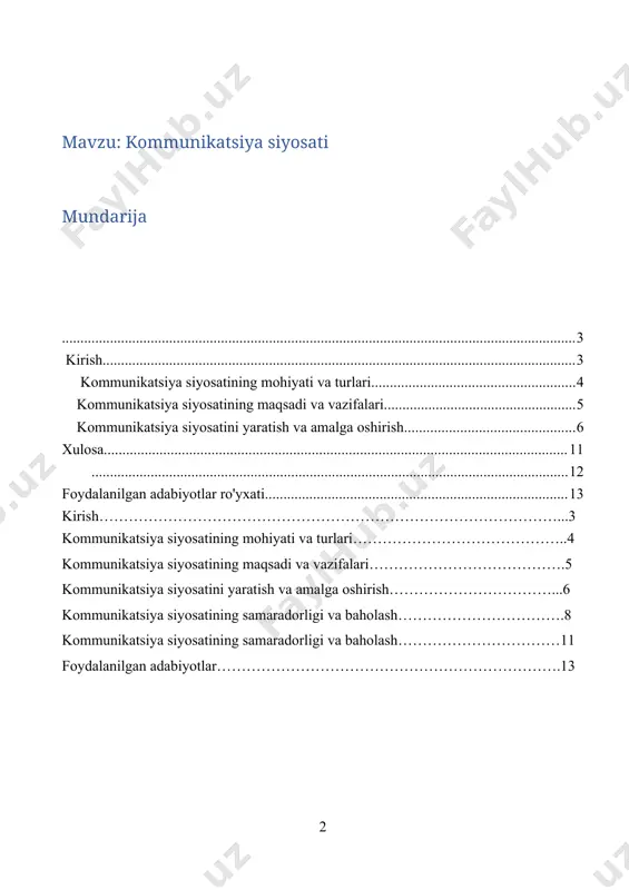 chidagi va tashqi muhit bilan aloqalarni optimallashtirish, ma'lumotlar oqimini boshqarish va samarali aloqalarni ta'minlashdir. bu siyosat, tashkilotning strategik maqsadlariga erishishda, hamda jamoatchilik bilan aloqalarda ishonch hosil qilishda asosiy vosita hisoblanadi. ushbu mustaqil ishda kommunikatsiya siyosatining asosiy tamoyillari, uning turlari, yaratish va amalga oshirish jarayonlari, shuningdek, samaradorligini baholash usullari ko'rib chiqiladi. shuningdek, amaliy misollar orqali kommunikatsiya siyosatining tashkilotlar va davlatlar uchun qanday ahamiyatga ega ekani tahlil qilinadi. kommunikatsiya siyosatining mohiyati va turlari kommunikatsiya siyosati — bu tashkilotlarning axborotlarni boshqarish, almashish va tarqatish jarayonlarini tartibga soluvchi strategiya va tamoyillar to'plamidir. kommunikatsiya siyosatining asosiy maqsadi, tashkilotlar ichidagi va tashqi muhit bilan aloqalarni samarali boshqarish, ma'lumotlarni aniq va tezkor tarqatish, xodimlar va jamoatchilik o'rtasida to'g'ri aloqalarni o'rnatishdan iborat. bu siyosat tashkilotning imidjini yaratishda, faoliyatini tartibga solishda va barcha kommunikatsiya jarayonlarini boshqarishda muhim rol o'ynaydi. kommunikatsiya siyosati tashkilotning ichki va tashqi kommunikatsiyalarini boshqaradi. ichki kommunikatsiya siyosati tashkilot ichidagi ma'lumotlar oqimini tartibga soladi va xodimlar o'rtasida …
