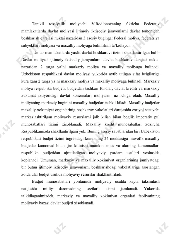 kulida milliy daromadni bir kismini jamlash va ijtimoiy extiyojlar uchun undan foydalanish bilan boglik kayta taksimlash munosabatlarining aloxida iktisodiy shakli xisoblanadi. 2. budjet munosabatlari moliyaviy munosabatlarning uziga xos shakli sifatida imperativ xarakterga ega bulgan pul munosabatlari xisoblanadi. 3. budjet orkali milliy daromadni ijtimoiy ishlab chikarishning muxim soxalari urtasida, iktisodiyot tarmoklari ichida , ijtimoiy faoliyat soxalari urtasida, mamlakat xududlari urtasida kayta taksimlash amalga oshiriladi. budjetning taksimlash soxasi davlat moliyasida muxim rol uynaydi. demak, budjetning iktisodiy moxiyati nuktai nazaridan mustakil iktisodiy kategoriya sifatida kurib utiladigan bulsa, davlatning moliyaviy asosini konuniy urnatilishi nuktai nazaridan esa budjet davlatning asosiy moliyaviy rejasi sifatida kurib chikiladi. uzining jamiyat tarakkiyotidagi ijtimoiy iktisodiy funksiyalariga asoslangan xolda budjetdan tashkari ijtimoiy fondlar davlat moliyasida muxim axamiyatga egadir. davlatning budjetdan tashkari fondlari asosan ijtimoiy muammolarni xal kilish maksadida markazlashtirilgan shaklda ijtimoiy ishlab chikarish jarayonida yaratilgan pul daromadlarini bir kismini ijtimoiy extiyojlar yunalishida foydalanish uchun kayta taksimlash jarayonida shallantiriladigan pul fondidir. xozirgi …