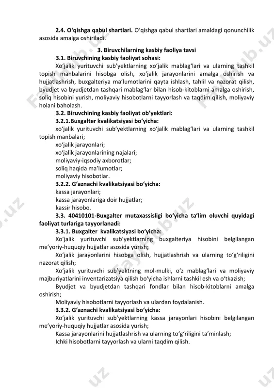 b hujjatlarini yuritish va qayta ishlash; kk-1.3. buxgalteriya hisoboti shakllarini belgilangan muddatlarda tuzish va taqdim qilish; kk-1.4. byudjetga to‘lanadigan soliqlar va yig‘imlar hisobini yuritish va qonun hujjatlarida belgilangan muddatlarda statistik hisobotlarni tuzish va taqdim qilish; kk-1.5. xo‘jalik yurituvchi sub’yektning mulkiy va moliyaviy ahvoli, uning to‘lov qobiliyati va rentabelligi haqidagi ma’lumotlarni aniqlash va tahlil qilishni amalga oshirish; kk-1.6. axborot texnologiyalari bo‘yicha amaliy ko‘nikmalarga ega bo‘lish, buxgalteriya hisobining avtomatlashtirilgan tizimi dasturlarida ishlash. 4.2.2. g‘aznachi kvalifikatsiyasi bo‘yicha: kk-2.1. korxona kassasini belgilangan me’yorlar asosida tashkil etish va yurita olish; kk-2.2. kassa boshlang‘ich hujjatlarini rasmiylashtira olish; kk-2.3. kassa hisobotlarini tuzish va yurita olish. 5. o‘quv reja tuzilmasi va ularga qo‘yiladigan talablar hamda bitiruvchida shakllantiriladigan kompetensiyalar t/r fan (modul) nomi bitiruvchi o‘zlashtirishi lozim bo‘lgan bilim va ko‘nikmalar shakllantiriladigan kompetensiyalar bilimlar ko‘nikmalar i. umumkasbiy fanlar bloki 1. biznesni tashkil etish va yuritish · tаdbirкоrliк fаоliyatining tаshкiliy-huquqiy shакllаri; · biznеs-rеjа, uning vаzifаsi vа аsоsiy bo‘limlаri; · tаdbirкоrliк sub’yекtlаridа …