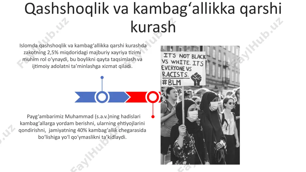 da adolatli sud tizimi 2 ta asosiy manba – qur’on va sunnaga asoslanadi, bu yerda 100 dan ortiq oyatlar va hadislar adolat, tenglik va huquqiy muhofaza masalalariga bag'ishlangan. islom va xalqaro inson huquqlari huquqi xalqaro inson huquqlari huquqi va islom huquqi o'rtasidagi farqlarga qaramay, ikkalasi ham inson qadr-qimmatini himoya qilish va adolatli jamiyat yaratish maqsadlarini ta'qib etadi. islomda inson huquqlarining himoyasi 1948 yildagi umumiy inson huquqlari deklaratsiyasi tamoyillariga mos keladigan ko'plab jihatlarga ega bo'lib, adolat va tenglikka urg'u beradi. muhokama va xulosalar islomda inson huquqlarini himoya qilish bo'yicha 30 dan ortiq hadis va qur'on oyatlari mavjud bo'lib, ular adolat va tenglik tamoyillarini ta'kidlaydi. muhokama natijalari shuni ko'rsatadiki, islom huquqiy tizimi 7-asrda inson huquqlari va ijtimoiy adolatni ta'minlashga qaratilgan 100 dan ziyod qonun va qoidalarni o'z ichiga olgan. e'tiboringiz uchun rahmat @taqdimot_robot image4.jpg image5.jpg image6.jpg image7.jpg image8.jpg image9.jpg image10.jpg image11.jpg image12.jpg image13.jpg image14.jpg image15.jpg image1.jpeg image2.jpeg