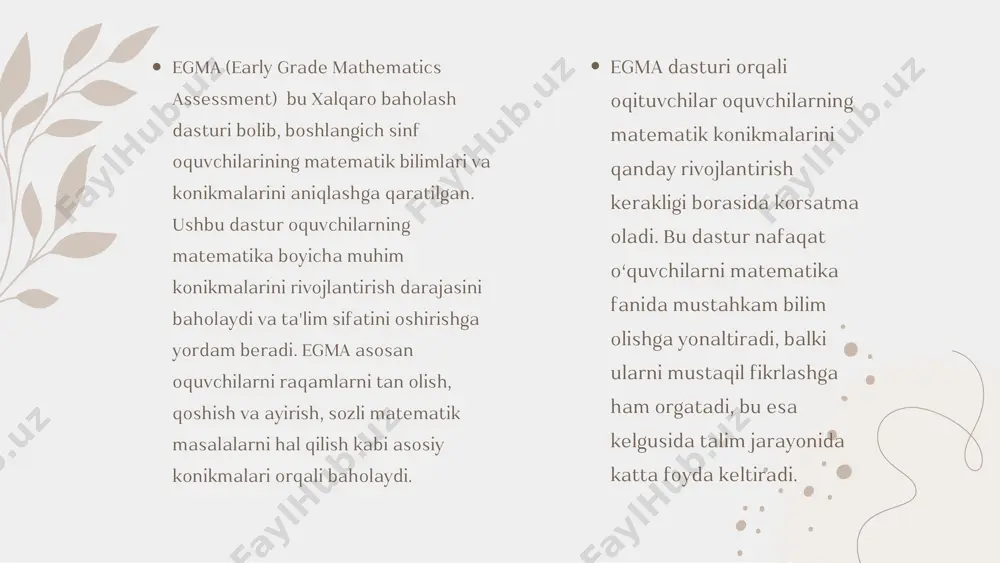 otgan davlatlar, jumladan markaziy osiyo, afrika va boshqa mintaqalar uchun moljallangan bolib, boshlangich taʼlimning sifatini aniqlashda muhim rol o‘ynaydi. item 1 item 2 item 3 item 4 item 5 0 20 40 60 80 100 120 140 egma xalqaro baholash dasturi modul va kurslarni qayta ko‘rib chiqish o‘quv dasturlarini egma tamoyillari asosida qayta tuzish kerak. bu jarayonda grammatikani nafaqat o‘qitish, balki amalda qo‘llanishini o‘rgatishga eʼtibor qaratiladi. interaktiv darslarni tashkil etish egma yondashuvida interaktiv metodlar, muhokamalar, guruh ishlari, va oyinlardan foydalanish katta rol oynaydi. oquvchilar oz fikrlarini erkin ifoda etish va grammatika qoidalarini ijodiy yondashuv bilan organadilar. o‘qituvchilarni qayta tayyorlash egma metodologiyasini muvaffaqiyatli joriy etish uchun o‘qituvchilarni maxsus kurslardan o‘tkazish lozim. bu orqali ular yangi yondashuvlarni o‘zlashtiradilar va taʼlim jarayonida qanday qo‘llashni o‘rganadilar. baholash tizimini qayta korib chiqish oquvchilarni baholashda anʼanaviy testlar o‘rniga ijodiy yozuvlar, insholar, va matnlar bilan ishlash natijalari inobatga olinadi. bu ularning mavzuni qanchalik erkin va to‘g‘ri qo‘llashini …