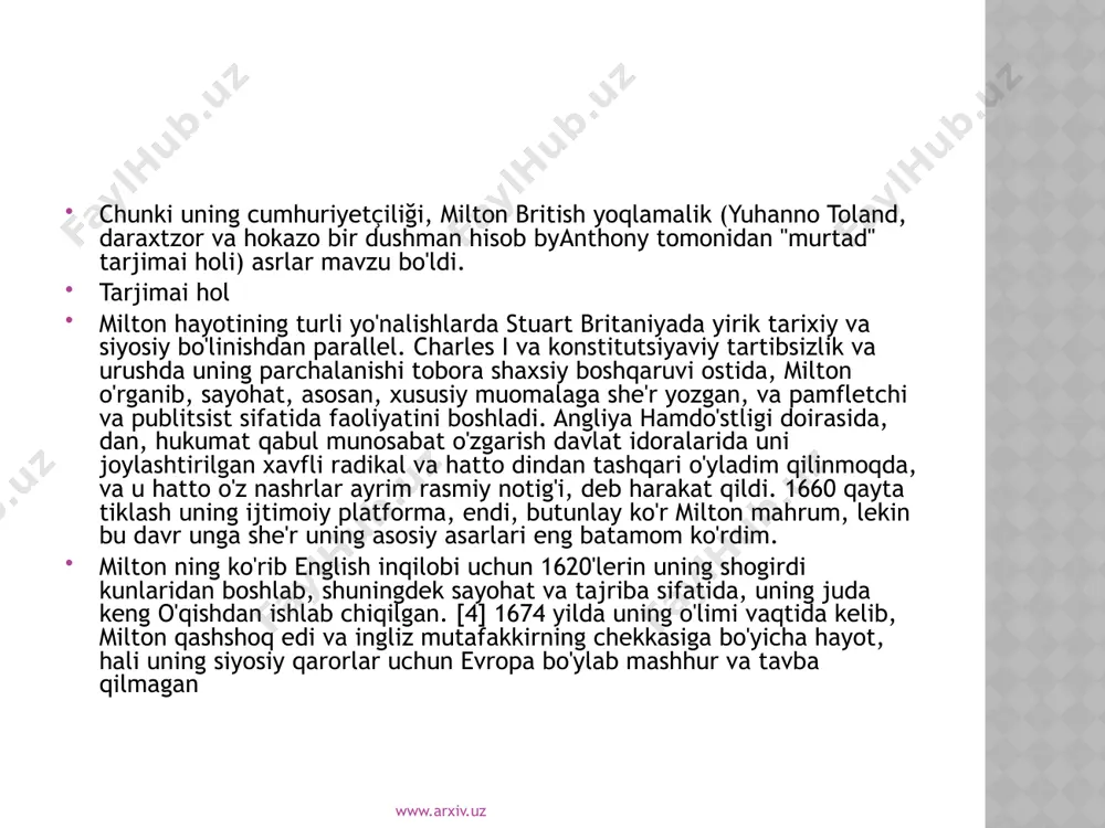 lton eng hamma english shoirlar ilmiy orasida hisoblanadi. xususiy o'rganish uning yillarda qo'shimcha ravishda, milton lotin, yunon, ibroniy, frantsuz, ispan ishiga edi, va uning maktab va litsenziya kun dan italiya; britaniya uning tarixi, izlanish va ehtimol yaqin orada so'ng golland talablarga sotib esa u ham 1650-lar uning lingvistik repertuaridan eski ingliz qo'shilgan www.arxiv.uz milton ishlashning bu davrda she'r yozish uchun davom etdi: uning arcades va comus ikkala ezgu mijozlar, egerton oila ulanishlar uchun bastalagan masklar uchun topshirildi, va mos ravishda 1632 va 1634 yilda amalga oshirildi. comus-qanoat va iffat virtuousness uchun bahs yuritadi. u o'z kembrij sinfdoshi biri uchun bir yodgorlik yig'ish uning cho'ponlik elegiya lycidas hissa qo'shdi. bu she'rlar chernoviklar u hozir trinity kolleji, kembrij tutiladi, chunki trinity qo'lyozma sifatida tanilgan milton she'riyati buyurdingizmi, saqlanib etiladi. may 1638 yilda, milton iyul yoki avgust 1639. qadar davom etgan fransiya va italiyaning bir tur ustiga kirishdi [17] uning sayohatlari badiiy va …