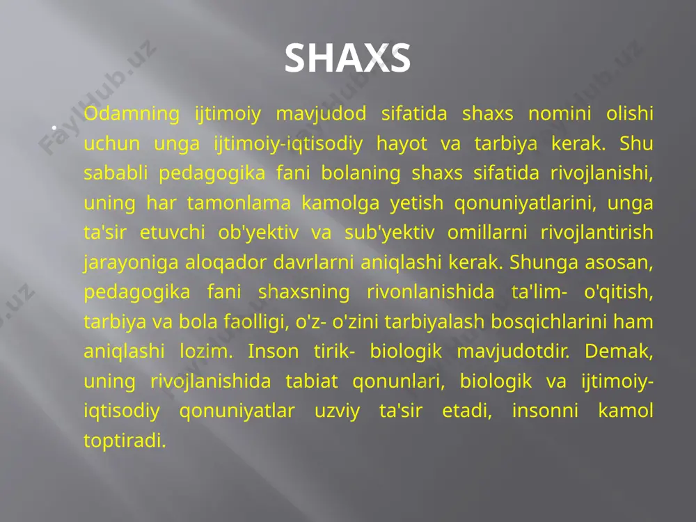 ti (mikromuhit) alohida ta'sir etadi. demak, boladagi irsiy belgilarning o'sishi, kamol topishi insonlar muhiti, yashash sharoiti va tarbiyaga bog'liq desak bo'ladi. bunga tarixda misollar juda ko'p. alisher navoiy onasidan - shoir, eynshteyn - fizik, ulug'bek - astronom, ibn sino - tabib bo'lib tug'ilmagan, albatta. ulardagi qobiliyat kurtaklarining rivojlanishi, iste'dodga aylanishida ijtimoiy muhit, ta'lim-tarbiya muhim ro‘l o'ynagan. inson bolasi, agar ijtimoiy-insoniy muhitga emas, boshqa muhit, aytaylik hayvonlar muhitiga tushib qolsa, unda irsiy belgilarning ayrim biologik ko'rinishlari saqlanar, lekin insoniy fikr, faoliyat, hatti-harakat bo'lmaydi ta`lim va tarbiya shaxs kamolotida ta'lim va tarbiyaning ta'siri. jamiyatning bolalar ongiga ta'sir o'tkazish asosan ta'lim- tarbiya orqali amalga oshiriladi. bola yoshligidan atrofdagi kishilar bilan muloqotda bo" lib, bilimlar, ko'nikmalami oilada, maktabgacha ta'lim muassasalarida, key inchalikmaktabda ta'lim-tarbiya oladi. bolani o'rab olgan muhit, mehnat va til oqibati natijasida tarbiya vositasiga aylanadi, malakalarni egallaydi. inson komolotida ta'lim va tarbiyaning yetakchilik qilishiga imkon berish darkor. shaxsiy faollik insonning kamol topishida shaxsiy …