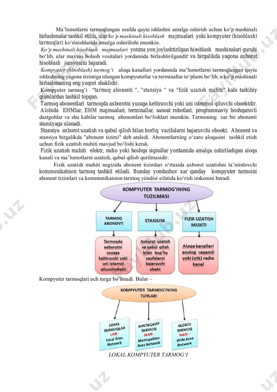 di. 1983 yilda - internet tashkil etildi. arranet 2 ta qismga bo’lindi: milnet va arranet, ularga nsfnet va boshqa tarmoqlar ulandi. 1989 yil - arranet mustaqil almashish imkonini yaratdi. biroq bir necha yil ilgari uning resurslariga faqat faylga murojaat qilishga mo’ljallangan dasturiy ta’minot yordamidagina kirish mumkin edi. kompyuter tarmoqlarining asosiy vazifalari • tarmoq abonentlari orasidagi axborot almashuvini ta’minlash; • abonentlar uchun umumiy axborot resurslarini tashkil qilish; • turli axborot spektrlarini yagona kanallarga mujassamlashtirish; • telekommunikatsion tizimlarni konvergensiyalash (infokommunikatsion tarmoqni tashkil etish). 1970-1980 yillarda ushbu masalalarni xal etishda axborotni "markazlashtirilgan" qayta ishlash tizimlaridan foydalanish keng tus olgan edi. katta moddiy harajatlar talab qiluvchi elektron hisoblash mashinalardan (ehm) markazlashgan usulda foydalanish avvalo uning hisoblash quvvatidan beunum foydalanishiga va kompyuter resurslaridan foydalanish imkoniyatlarini cheklanishiga olib keldi. qolaversa markaziy ehm ning biror bir qismining qisqa vaqtga bo‘lsada ishdan chiqishi butun tizim uchun oir oqibatlarni keltirdi. bu esa informatsion tizim foydalanuvchilarining barchasining ishini to‘xtatishga olib …
