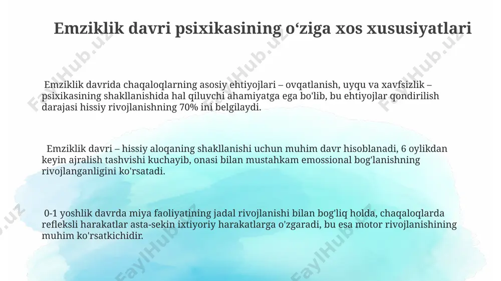 ойликдан бошлаб яққол намоён бўлади ва 12 ойликка келиб, мураккаброқ визуал маълумотларни таҳлил қилиш имконияти пайдо бўлади. ijtimoiy-emotsional rivojlanish 1 yoshga kelib, ko'pchilik bolalarda o'z-o'zini anglash boshlanadi va ular o'zlari haqida tushuncha hosil qila boshlaydilar, bu esa o'ziga ishonch va mustaqillik rivojlanishiga asos bo'ladi. 6-12 ойликда bolalarda ajralish xavotirligi kuchayib, onasidan ajralganda kuchli norozilik bildiradilar, bu esa ijtimoiy-emotsional rivojlanishning muhim ko'rsatkichidir. 2 yoshga yaqin, bolalarda o'zaro munosabatlarning murakkab shakllari paydo bo'ladi: hamkorlik, raqobat, taqlid qilish, bu esa ijtimoiylashuvning muhim bosqichini belgilab beradi. e'tiboringiz uchun rahmat @taqdimot_robot image1.png