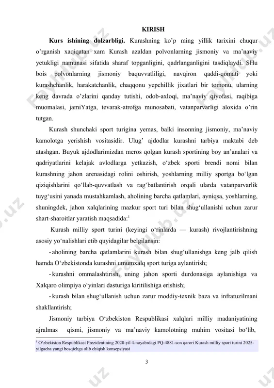 ga aylantirish; · kurashni оmmalashtirish, uning jahоn spоrti durdоnasiga aylanishiga va xalqarо оlimpiya о‘yinlari dasturiga kiritilishiga erishish; · kurash bilan shug‘ullanish uchun zarur mоddiy-texnik baza va infratuzilmani shakllantirish; jismoniy tarbiya o‘zbekiston respublikasi xalqlari milliy madaniyatining ajralmas qismi, jismoniy va ma’naviy kamolotning muhim vositasi bo‘lib,1 o‘zbekiston respublikasi prezidentining 2020-yil 4-noyabrdagi pq-4881-son qarori kurash milliy sport turini 2025- yilgacha yangi bosqichga olib chiqish konsepsiyasi o‘zbekiston respublikasining xalqlari o‘rtasida do‘stlikni mustahkamlash ijtimoiy va iqtisodiy taraqqiyot ishiga xizmat qiladi. o‘zbekiston respublikasining “jismoniy tarbiya va sport to‘g‘risidagi” qonunida (2015) inson o‘z manfaatlari yo‘lida ertasini o‘ylamay tabiatga ham, o‘ziga ham taxminan kelajak xozirlamoqda: suv, atmasfera, yer, tuproq, zaharli moddalar miqdori to‘lib bormoqda. salomatlikka zararli moddalar miqdori oshmoqda. radiaktiv moddalar ko‘paymoqda. bu jarayonda butun jonli mavjudod, jumladan inson nasli ham buzilishi tabiiy. binobarin, sog‘lom nasl uchun jismoniy tarbiyani yangi bosqichga ko‘tarish zarur. insonparvarlikka qaratilgan tibbiyot inson salomatligi yo‘lida asrlar osha xizmat qilib kelmoqda. ammo shunisi g‘alatiki, o‘z …