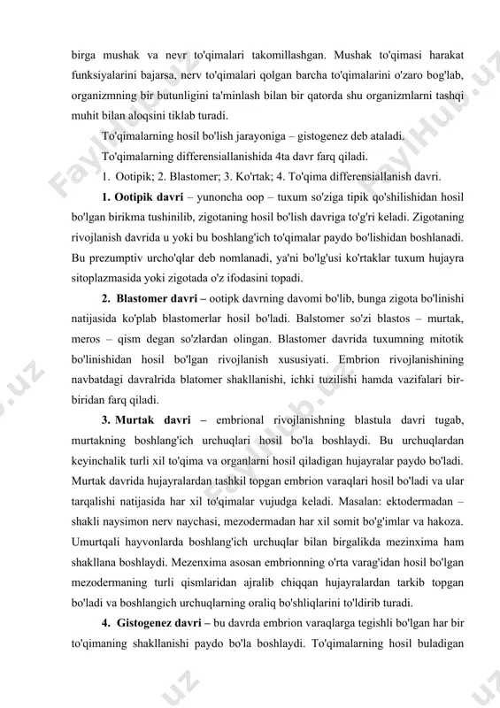 jralib chiqqan hujayralardan tarkib topgan bo'ladi va boshlangich urchuqlarning oraliq bo'shliqlarini to'ldirib turadi. 4. gistogenez davri – bu davrda embrion varaqlarga tegishli bo'lgan har bir to'qimaning shakllanishi paydo bo'la boshlaydi. to'qimalarning hosil buladigan boshlang'ich urchuqda o'ziga xos o'zgarishlar sodir bo'ladi. natijada, urchuq hujayralari va hujayrasiz to'qimalar takominlashib har xil to'qimaga xos marofologik tuzilish va fiziologik hususiyatlar beradi. odam va hayvon organizmi bir butun bo'lib, ularning organ va sistemalari bilan fiziologik hususiyatlari bu birlikni ta'minlab turadi. har bir organ stroma va parenxima qismlaridan iborat. stroma shu organning negizini tashkil qiluvchi to'qimadan iborat bo'ladi. parenxima shu organga xos epiteliy yoli spesifik vazifani bajaruvchi to'qima hujayralaridan tashkil topadi. bu ikkala tuzilma hamma vaqt bir-biri bilan uzviy bog'liqda bo'ladi. to'qimalarning funksional xolatlar paytida o'zlarini yangilab turish hususiyatlariga egadir. yangilanish hususiyatini regenerasiya termini bilan ataladi. regenerasiya organizmning tashqi muhit omillariga moslashuvi natijasida takomillashib boradigan yoki har xil sabablarga ko'ra nobud bo'ladigan hujayralar, to'qimalar va organlar …