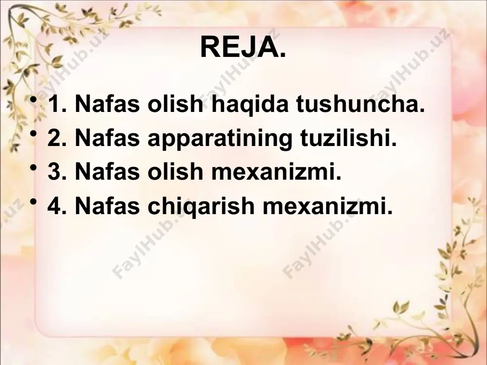 zgarishini ko’rsatadigan tasvir. chapda – nafas olish payti, ko’krak qafasi kengaygan, diafragma pastga tushgan, o’ngda – nafas chiqarish, ko’krak qafasining hajmi kichraygan, diafragma ko’tarilgan. 37-rasm. nafas chiqarish va nafas olish paytlarida qovurg’alarning holati nafas chiqarish mexanizmi. nafas chiqarish (ekspirasiya) natijasida moddalar almashinuvining oxirgi mahsuloti-karbonat angidrid va qisman suv bug’i o’pka orqali organizmdan tashqariga chiqariladi. nafas chiqarish vaqtida ko’krak qafasining hajmi kichrayadi. ko’krak qafasi hajmining kichrayishiga, o’pkaning torayish uchun harakat qilishi, qovurg’a tog’aylarining elastikligi, qorin tomondan diafragmaga bo’lgan bosim sabab bo’ladi. kuchli nafas chiqarish vaqtida ichki qovurg’alararo mushaklar, oldingi qorin devori mushaklari va boshqa bir qancha mushaklar qisqaradi. image2.jpeg image3.jpeg image4.jpeg image5.jpeg image6.jpeg image7.jpeg image1.jpeg