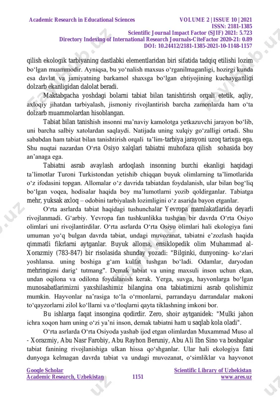surslaridan noto‗g‗ri foydalanishi tufayli tabiiy muhit (havo, suv, tuproq va boshqalar) ifloslanib, xo‗jalikka va, ayniqsa, inson salomatligiga salbiy ta‘sir eta boshladi". tadqiqotchi a.r.meliboyevning fikricha, tabiat va jamiyat orasidagi munosabatlar sohasida ekologik muammolar paydo bo‗ladigan yo‗nalishlarni aniqlash favqulotda muhim pedagogik va psixologik muammo hisoblanadi. natijalar bunday munosabatlar tabiat zahiralaridan oqilona foydalanish maqsad va usullarini baholash zarurati paydo bo‗lganda yuzaga keladi: ■ insoniyatning tabiatga nisbatan munosabatlarining xususiyati (maqsadsiz, shaxsiy qiziqish, atrof-muhitga nisbatan loqaydlik, ma‘lum bir maqsadga yo‗naltirilgan, iste‘molchilik, ehtiyotkorona, faol ijodiy)ni; ■ tabiat zahiralaridan foydalanish maqsad va usullarini baholash zarurati paydo bo‗lgandagina yuzaga keladi. bunday baholashga zarurat tabiiy omilning inson va jamiyat uchun ham muhim insoniy qadriyat ekanligidan hosil bo‗ladi. jamiyat a‘zolarining farovonligi va huzur- halovati atrof-muhit holatiga bevosita bog‗liq. ma‘lumki, tabiat insoniyat uchun bebaho qadriyatdir. tabiat, tug‗ilish, yashash, o‗sish, faoliyat maydoni hisoblanadi. inson tabiat bilan birga yashaydi, usadi, rivojlanadi. insoniyat tabiatga ta‘sir etibgina qolmasdan, unga bevosita bog‗liq hamdir. tabiatga bog‗liq omillar …