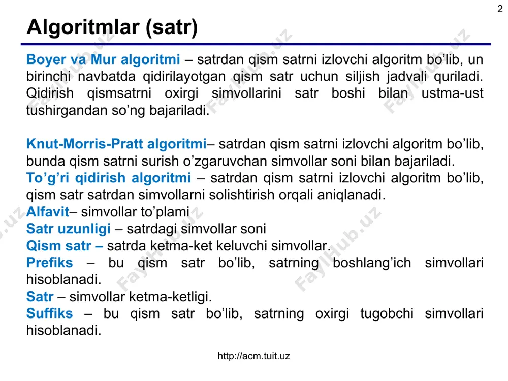 attern[k]) k++; pf[i] = k; } for (int k = 0, i = begin; i 0) && (pattern[k] != s[i])) k = pf[k-1]; if (pattern[k] == s[i]) k++; if (k==pattern.length()) return (i-pattern.length()+1); //yoki keyingi qidiruvni davom ettiramiz } return (string::npos); }