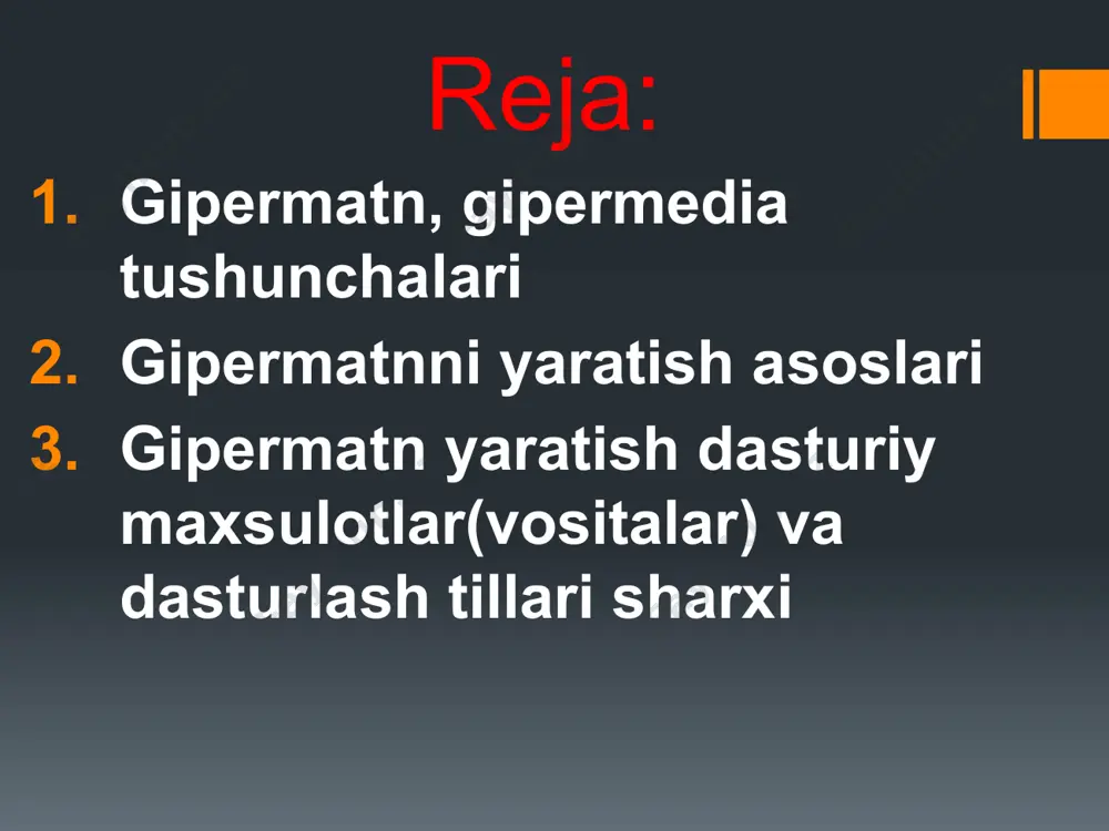 tirasida bo‘lishi mumkin. bunda ishorat bilan ko‘rsatiluvchi matnning yagona shakldagi resurs joyi adresi (url) gipermatnda berilgan bo‘ladi. http esa tarmoq orqali tegishli url ga murojaat etib ko‘rsatiluvchi hujjatni kompyuter ekraniga chiqarib beradi. shuning uchun ham ko‘rsatiluvchi hujjatlar butun tarmoq bo‘ylab tarqalgan va bog‘lanish bo‘lishi uchun internet tarkibida butun jahon o‘rgumchak to‘ri misol world wide web mavjud bo‘ladi. web texnologiyasi muallifi berners-lidir, u nelsonni gipermatn g‘oyasiga asoslanib o‘zining http sini va gipermatn hujjatlari (kengaytmasi htm) yozish tili html ini yaratdi. bu til hozir mukammallashib bormoqda. энди гиперматн ҳақида маълумот берсак бўлади. 1965 йил нельсон гиперматн сўзини қўллади. ван дам ва бошқалар 1967 йилда гиперматн таҳрирловчисини тузиб чиқди. нельсон 1987 йил маълумотларнинг гиперматн таҳрирловчисини тузиб чиқди. женева церн (cern) да ишловчи физик тим бернес ли 1990 йил гиперматнли лойиҳани таклиф этди. бу лойиҳа физик олимларга интернет орқали тадқиқот натижаларини ўзаро алмашиш имконини берар эди. шундай қилиб халқаро ахборот тармоғи – world wide …