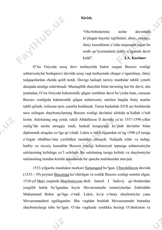 ganlar. shu vaqtdan boshlab movarounnahr butunlay shayboniylarga tobe boʻlgan. oʻsha vaqtlarda xonlikka hozirgi oʻzbekiston va tojikistonning katta qismi, balx va badaxshon kirgan. ubaydullaxon vafotidan keyin buxoro xonligi mayda boʻlaklarga boʻlinib ketgan. buxoroda ubaydullaxonning oʻgʻli abdulazizxon, samarqandda esa koʻchkunchixonning oʻgʻli abdullatifxon mustaqillik eʼlon qilgan. balx va badaxshonda shayboniylardan pirmuhammadxon mustaqil hukmronlik qilgan. shu yillari shayboniy sultonlari va mahalliy mulkdorlarning hokimiyat uchun kurashi kuchaygan. 1. buxoro xonligida ijtimoiy hayot “shayboniylar buxoroda 1598-yilgacha hukmronlik qildilar keyin esa hokimiyatga joniylar keladi. ular jo’jining o’g’li o’rda avlodidan bo’lib, shayboniylarga ona tarafdan qarindosh edi”. lekin ayrim manbalarda ashtarxoniylar sulolasi jo’jixonning o’n uchinchi o’g’li to’qay temurga borib taqaladi. jo’jixonning katta o’g’li botuxon to’qay temurga 14 ulusni mulk qilib bergan degan fikrlar ham mavjud. shunday qilib 1601-yilda buxoro xonligida hokimiyat yangi sulola-ko’p hollarda joniylar(joni muhammad nomidan) yoki ashtarxoniylar (kelib chiqish o’rni bo’yicha) degan nom bilan yuritilgan to’qay temur sulolasiga o’tdi. ba’zi manbalarda aytilishicha buxoro taxtiga boqi muhammadxon o’z …