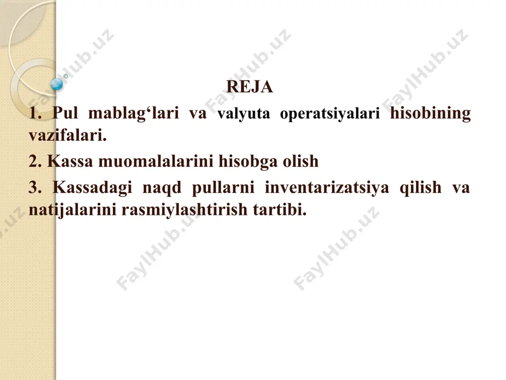 ing but saqlanishi uchun to‘liq moddiy javobgar hisoblanadi. kassirning ishga tayinlanganligi to‘g‘risida buyruq chiqarilganidan so‘ng, tashkilot rahbari kassirni ushbu qoidalar bilan tanishtiradi va u bilan to‘liq moddiy javobgarlik to‘g‘risida shartnoma tuzadi. kassir o‘ziga topshirilgan ishni boshqa shaxslarga ishonib topshirishi taqiqlanadi. 3. kassadagi naqd pullarni inventarizatsiya qilish va natijalarini rasmiylashtirish tartibi. kassir moddiy javobgarlik to‘g‘risida tuzgan shartnomasiga muvofiq, o‘zi qabul qilgan barcha boyliklarni but saqlashi, qilgan hatti-harakatlari natijasida, ya’ni o‘z vazifalariga sovuqqonlik yoki nohalollik bilan qarash oqibatida xo‘jalik yurituvchi sub’ektga etkazilgan har qanday zarar moddiy uchun javob beradi. kassirning ishlov berilgan hisoboti asosida buxgalteriyada 5000-“kassa” hisobvarag‘ining krediti bo‘yicha 1 - jurnal-orderda va 5000- “kassa” schyot debeti bo‘yicha 1- vedomostda kassa muomalalarining hisobi yuritiladi. 4. banklarda hisob-kitob schyotlarini ochish tartibi. 5. naqd pulsiz hisob-kitoblarni tashkil etish shakllari bank hisobvarag'i turlari sub'ekt davlat ro'yxatidan o'tganidan so'ng birinchi marta milliy valyutada ochgan talab qilib olinguncha depozit hisobvarag'i uning asosiy hisobvarag'i hisoblanadi. xo'jalik yurituvchi sub'ekt …