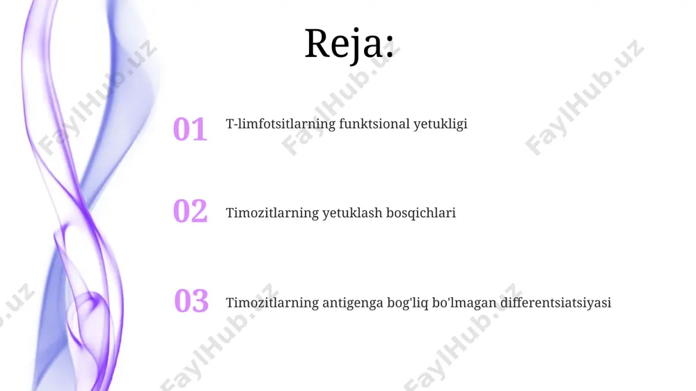 ta'minlaydi va autoimmun kasalliklarning oldini oladi. timozitlarning rivojlanish bosqichlari kortikal epiteliy hujayralari (tek) tomonidan taqdim etilgan oʻz-oʻzini antijenlari bilan kuchsiz bogʻlanishni namoyon qilmagan timotsitlar apoptoz orqali yoʻq qilinadi, bu jarayon salbiy seleksiya deb ataladi. timotsitlarning rivojlanishining dastlabki bosqichlarida, dn1 bosqichida, t-hujayra retseptorlari (tcr) genlarining v(d)j rekombinatsiyasi sodir boʻlib, taxminan 10 15 turli xil tcrlar hosil boʻladi. timozitlarning ontogenezisi тимусда кортикал ва медулляр зоналарда cd4+, cd8+ va boshqa ko'plab yuzaki markerlar ifodalanishining bosqichma-bosqich o'zgarishi t-hujayralarning yetilishi va selektsiyasi jarayonini aks ettiradi. т-лимфоцитларнинг ontogenezisi жараёнида, αβ т-hujayralari va γδ т-hujayralari kabi ikkita asosiy yo'nalish mavjud bo'lib, ularning har biri o'ziga xos rivojlanish bosqichlaridan o'tadi. immunologik tolerantlikning shakllanishi timustagi t-limfotsitlarning yetilish jarayonida 95% dan ortiq hujayralar apoptoz orqali yo'q qilinadi, bu immunologik tolerantlikning muhim mexanizmlaridan biridir. negativ tanlash jarayoni orqali o'z-o'zini tan oladigan yuqori affinitetga ega t-hujayralar yo'q qilinadi, bu avtoimmun kasalliklarning oldini oladi va immunologik tolerantlikni ta'minlaydi. kortikal va medulyar hujayralararo o'zaro …