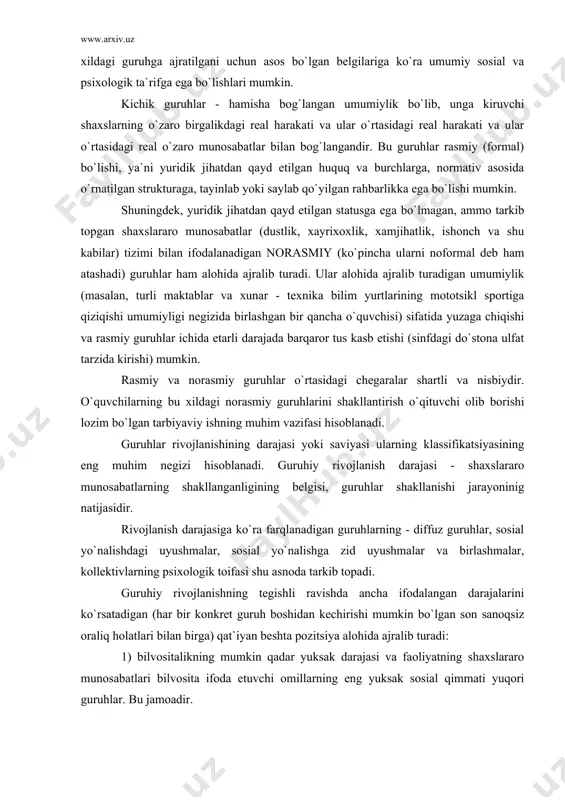 sh darajasi - shaxslararo munosabatlarning shakllanganligining belgisi, guruhlar shakllanishi jarayoninig natijasidir. rivojlanish darajasiga ko`ra farqlanadigan guruhlarning - diffuz guruhlar, sosial yo`nalishdagi uyushmalar, sosial yo`nalishga zid uyushmalar va birlashmalar, kollektivlarning psixologik toifasi shu asnoda tarkib topadi. guruhiy rivojlanishning tegishli ravishda ancha ifodalangan darajalarini ko`rsatadigan (har bir konkret guruh boshidan kechirishi mumkin bo`lgan son sanoqsiz oraliq holatlari bilan birga) qat`iyan beshta pozitsiya alohida ajralib turadi: 1) bilvositalikning mumkin qadar yuksak darajasi va faoliyatning shaxslararo munosabatlari bilvosita ifoda etuvchi omillarning eng yuksak sosial qimmati yuqori guruhlar. bu jamoadir. 2) agar guruhda tegishli tarzda birgalikdagi faoliyat mavjud bo`lsa, shaxslararo munosabatlarni bilvosita ifoda eta oladigan eng yuksak darajadagi sosial yo`nalishga ega omillar mavjud bo`lgan taqdirda bilvositalikning eng past darajasi. bu sosial yo`nalishdagi uyushma (misol uchun talabalarning guruhi) dir. 3) birgalikdagi faoliyatning yo`qligi bilan bog`liq bilvositalikning mavjud emasligi,. bu diffuz guruh (misol uchun avtobusdagi yo`lovchilar yoki umumiy palatadagi bemorlardir) 4) shaxslararo munosabatlarning eng yuksak darajada nososial …