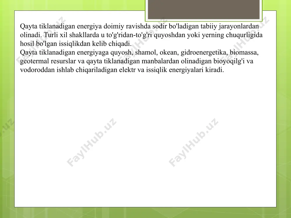 ing holati, tarkibi va rivojlanish istiqbollari tiklanadigan energiya deyilganda tabiiy manabalar (quyosh, shamol, suv, suv to‘lqini, biomassa, geotermal, suv satxining ko‘tarilishi va tushishi) hisobidan olinadigan energiya tushuniladi. an’anaviy tarzda qazib chiqariladigan yoqilg‘ini qayta ishlash hisobiga olinadigan energiyaga muqobil ravishda tiklanadigan manbalar hisobidan olinadigan energiya esa “muqobil energiya” deyiladi. tiklanadigan energetika “yashil energetika” hisoblanib, energetikaning ushbu turi an’anaviy energetikaga nisbatan tabiatga juda kam zarar etkazadi. “yashil energetika” – qazilma yoqilg‘i sarfisiz, atmosferaga issiqxona gazlarini chiqarmaydigan va atrof-muhit ekologiyasiga ziyon etkazmagan holda energiya ta’minotini amalga oshirilishini ko‘zda tutadigan konsepsiyadir. zamonaviy tiklanadigan energiya turlariga shamol, quyosh, biomassa, geotermal, okean energiyasi yordamida ishlab chiqarilayotgan elektrenergiya; gidroenergetika; biomassa, quyosh, geotermal energiya yordamida olinayottgan issiqlik energiyasi; transport uchun bioyoqilg‘ilar kiradi. turli quyosh elektrenergetikasi texnologiyalari er ostidagi issiq suvlar yoki oqimlar hisobidan issiqlik va energiya ishlab chiqaradigan geotermal manbalar daryolarga o‘rnatilgan kichik gidroturbinalar o‘simlik moyi yoki o‘tinlarni yoqish hisobidan ishlaydigan generatorlar er va dengizga o‘rnatilgan shamol generatorlari …