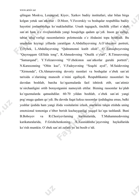 uyidagi uchrashuv” deb nomlangan asar yoshlar orasida san`at va ma`rifatga intiluvchi yoshlarning fazilatlarini ochib berishga bag`ishlangan. bu yosh rassomlar o`zbekiston san`atining taraqqiyotiga salmoqli hissa qo`shdilar. ikkinchi jahon urushi yillari o`zbek rassomlari uchun katta sinov bo`ldi. ular g`oyaviy jihatdan chiniqdilar. ular front g`alabasi uchun rag`batlantira oladigan asarlar yaratishga harakat qildilar. urush yillarida o`zbekistonga evakuatsiya qilingan moskva, leningrad, kiyev, xarkov badiiy institutlari, ular bilan birga kelgan yetuk san`atkorlar - d.moor, v.favorskiy va boshqalar respublika badiiy hayotini jonlantirishga ko`maklashdilar. urush tugagach, tinchlik yillari o`zbek san`ati ham o`z rivojlanishida yangi bosqichga qadam qo`ydi. inson go`zalligi, tabiat ulug`vorligi rassomlarimiz polotnosida o`z ifodasini topa boshladi. bu urushdan keyingi yillarda yaratilgan a.abdullayevning a.o`idoyatov portreti, t.oybek, l.abdullayevning “qahramonni kutib olish”, o`.tansiqboyevning “qayroqqum gesida tong”, r.ahmedovning “onalik o`ylari”, r.timurovning “samarqand”, y.yelizarovning “o`zbekiston san`atkorlar guruhi portreti”, n.karaxonning “oltin kuz”, v.fadeyevning “soqchi ayol”, m.saidovning “xirmonda”, ch.ahmarovning devoriy rasmlari va boshqalar o`zbek san`ati tarixida o`zlarining munosib o`rnini egallaydi. respublikamiz rassomlari bu davrdan …