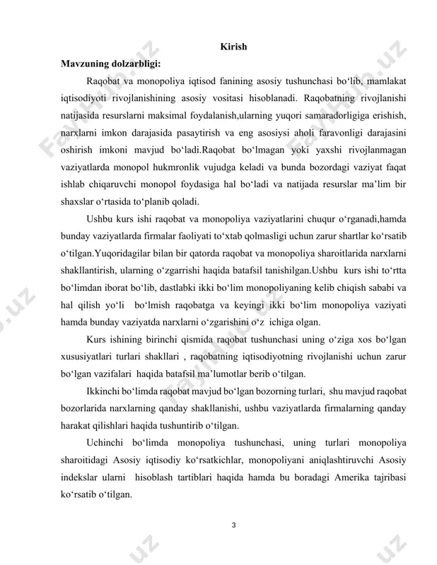 urituvchi sub’ektlar (korxonalar) o‘rtasidagi raqobat tovarlarni qulay sharoitda ishlab chiqarish va yuqori foyda keltiradigan narxda sotish, umuman bozorda o‘z mavqeini mustahkamlash uchun kurashdan iborat. bunda ular kerakli ishlab chiqarish vositalari, xomashyo va materiallar sotib olish, ishchi kuchini yollash uchun ham kurashadi. ishlab chiqaruvchilar o‘rtasidagi raqobat asosida iste’molchilarni o‘ziga jalb etish uchun kurash yotadi. resurslarni yetkazib beruvchilar o‘zlarining iqtisodiy resurslarini (kapital, tabiiy resurslar, ishchi kuchi) yuqori narxlarda sotish uchun raqobatlashadilar. ishlab chiqaruvchilar va resurslarni yetkazib beruvchilar o‘rtasidagi raqobat bozor munosabatlari rivojlangan, iqtisodiyot to‘liq erkinlashgan sharoitda yorqin namoyon bo‘ladi. raqobat iste’molchilar o‘rtasida ham yuz beradi: ular tovarlarni qulay va arzon narxlarda sotib olishga harakat qiladilar, ya’ni xaridorlar har bir sarflangan pul birligi evaziga ko‘proq naflilikka ega bo‘lishga harakat qiladilar. arzon va sifatli tovarni sotib olish uchun kurashadilar. shunday qilib, raqobat ko‘p qirrali iqtisodiy hodisa bo‘lib, u bozorning barcha subyektlari o‘rtasidagi murakkab munosabatlarni ifodalaydi. raqobat - bozor subyektlari iqtisodiy manfaatlarining to‘qnashuvidan iborat bo‘lib, …