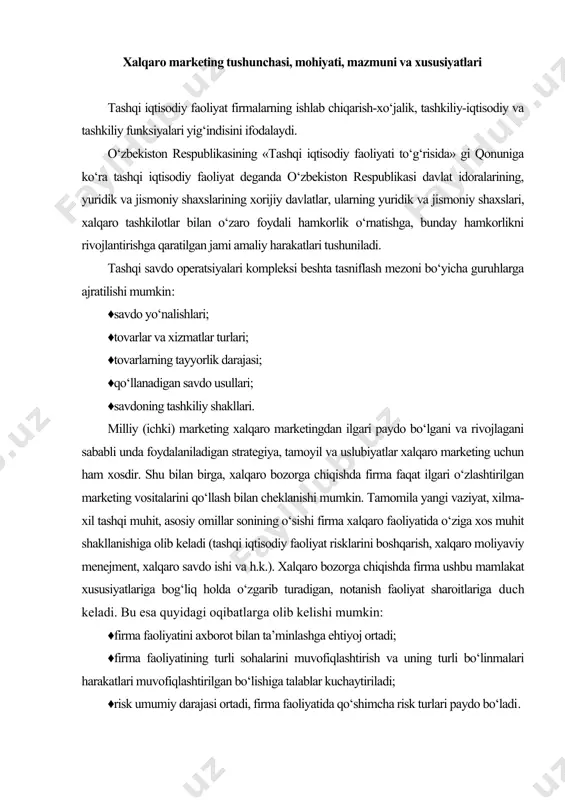 iq holda o‘zgarib turadigan, notanish faoliyat sharoitlariga duch keladi. bu esa quyidagi oqibatlarga olib kelishi mumkin: ♦firma faoliyatini axborot bilan ta’minlashga ehtiyoj ortadi; ♦firma faoliyatining turli sohalarini muvofiqlashtirish va uning turli bo‘linmalari harakatlari muvofiqlashtirilgan bo‘lishiga talablar kuchaytiriladi; ♦risk umumiy darajasi ortadi, firma faoliyatida qo‘shimcha risk turlari paydo bo‘ladi. shunday qilib, xalqaro marketing tashqi bozorlarga chiqishda mustaqil faoliyat sohasini ifodalaydi. uni quyidagi tarzda ta’riflash mumkin. xalqaro marketing bu - bozor muhitiga ta’sir ko‘rsatish va uning sharoitlariga bittada nortiq mamlakatda faoliyat ko‘rsatadigan firmani moslashtirish bo‘yicha chora-tadbirlarni rejalashtirish, amalga oshirish, nazorat va tahlil qilish tizimi. xalqaro marketing qisqaroq va umumlashtirilgan tarzda o‘z mamlakati hududidan tashqarida firmaning tashqi iqtisodiy faoliyatni amalga oshirish bo‘yicha chora-tadbirlari kompleksi sifatida tavsiflash mumkin. xalqaro marketing, uning nazariyasi, uslubiyat va infratuzilmasi rivojlanishida nafaqat marketing faoliyati bilan shug‘ulanadigan firmalar, balki ixtisoslashgan xalqaro tashkilotlar ham faol rol o‘ynaydi. ularning orasida eng mashhur va ahamiyatga ega bo‘lganlar - yevropa jamoatchilik fikrini o‘rganish va …
