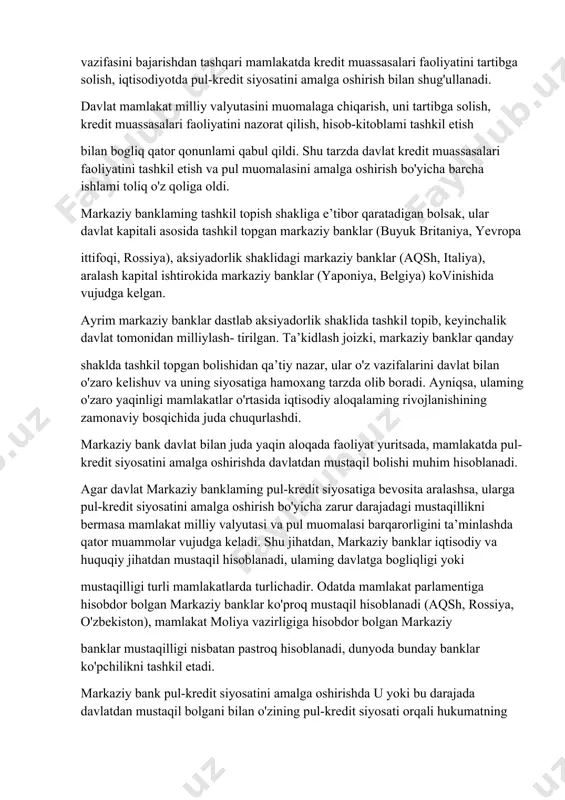 tilganligi qayd qilingan69. ushbu bank oltin tangalar asosida depozit sertiflkatlarini muomalaga chiqargan, mazkur depozit sertifikatlari butun shvetsiya hududida tolov vositasini bajargan bolib, taqdim qiluvchiga oltin tanga berilishi bilan kafolatlangan. dastlabki emission bank 1694 yilda angliya banki sifatida tashkil etilgan bolib, ushbu bank muomalaga pullami emissiya qilish va banklaming tijorat veksellarini royxatga olish bilan shuglillangan. milliy iqtisodiyotning rivojlanishi, mamlakatlar o'rtasida xalqaro savdo va hisob-kitoblaming rivojlanishi markaziy banklar zimmasiga qo'shimcha vazifalami yuklash zaruriyatini keltirib chiqardi. endi markaziy banklar emission bank vazifasini bajarishdan tashqari mamlakatda kredit muassasalari faoliyatini tartibga solish, iqtisodiyotda pul-kredit siyosatini amalga oshirish bilan shug'ullanadi. davlat mamlakat milliy valyutasini muomalaga chiqarish, uni tartibga solish, kredit muassasalari faoliyatini nazorat qilish, hisob-kitoblami tashkil etish bilan bogliq qator qonunlami qabul qildi. shu tarzda davlat kredit muassasalari faoliyatini tashkil etish va pul muomalasini amalga oshirish bo'yicha barcha ishlami toliq o'z qoliga oldi. markaziy banklaming tashkil topish shakliga e’tibor qaratadigan bolsak, ular davlat kapitali asosida tashkil …