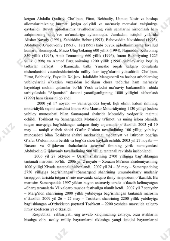 iyalash uchun qaratilgan. birinchi prezidentimiz karimov i.a. ta‘kidlaganidek: “davlatimizning qanchalik tez ulg’ayishi, kuch-quvvat ado etishi, dunyo hamjamiyatida o`zigamunosib o`rin egallashi, avvalombor, halqimiz ma‘naviy saviyasi, g’ururi va fahri nechog’lik yuksak bo`lishiga bog’liqdir ana shuni inobatga olgan holda yangi jamiyat barpo etmoqchi bo`lib, eng asosiy yo`nalishlardan biri sifatida halqimiz tarixini, ma‘naviy qadriyatlarimizni tiklash vazifasini quydik”. darhaqiqatni, mustaqilligimizni dastlabki kunlaridanoq xalqimizning ko`pasrlar mobaynida yaratgan g’oyat o`lkan bebaho ma‘naviy va madaniy merosini tiklash davlat siyosati darajasiga ko`tarilgan nihoyatda muhim vazifa sifatida qaralib, keng ko`lamli jiddiy tadbirlar amalga oshirilmoqda. bu boradagi tarixiy ishlarning amalga oshirilishi yangi jamiyatimiz ma‘naviyati binosining qad rostlashiga muhim omil bo`lmoqda. natijada respublikamizda ma‘naviyat sohasining yangi tizimi vujdga kela boshladi. “ma‘naviyat va ma‘rifat” jamoatchilik markazi, “ta‘lim markazi”, “o`zbekkino”, “o`zbeknavo”, “o`zbekraqs”, “o`zbekteatr”, “o`zbekmo`zey”, badiiy akademiya, o`zbek amaliy san‘at markazi, milliy madaniy markazlar, o`rtaosiyo madaniyat xodimlari assotsiatsiyasi kabi madaniy-ma‘rifiy tashkilotlar va ko`plab jamg’armalarning tuzilishi respublika ma‘naviyati asosiy sohalarining tarkib topishi va rivojlanishiga zamin bo`ldi …