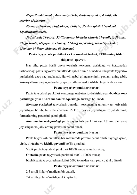 onidan qayta sifati tekshiriladi. paxtaning kondision massasini aniqlash 100-z mp =m f f 100-zp m k = m p 100+wp kg. 100+wf mp - paxtaning iflos aralashmalari hisobiy me’yoriga keltirilgandagi vazni, kg; mf - qabul qilib olingan paxtaning vazni; kg. zf – paxtadagi iflos aralashmalarning haqiqiy vazni ulushi, % zp- paxtaning hisobiy me’yoriga keltirilgan iflos aralashmalarining ulushi-2,0 % ga teng. wp- paxtaning hisobiy me’yoriga keltirilgan namligining ulushi - 9,0 % teng. wf- paxtadagi namlikning haqiqiy vazniy nisbati, % paxtani sinflari bo’yicha iflos aralashmalarning massaviy ulushi va namlikning massaviy nisbati me’yori, foizdan ortiq emas paxta ning navi 1-sinf 2-sinf 3-sinf ifloslikn i massaviy ulushi namlikni massaviy nisbati ifloslikn i massaviy ulushi namlikni massaviy nisbati ifloslikn i massaviy ulushi namlikn i massaviy nisbati i 3,0 9,0 10,0 12,0 16,0 14,0 ii 5,0 10,0 10,0 13,0 16,0 16,0 iii 8,0 11,0 12,0 15,0 18,0 18,0 iv 12,0 13,0 16,0 17,0 20,0 20,0 v …