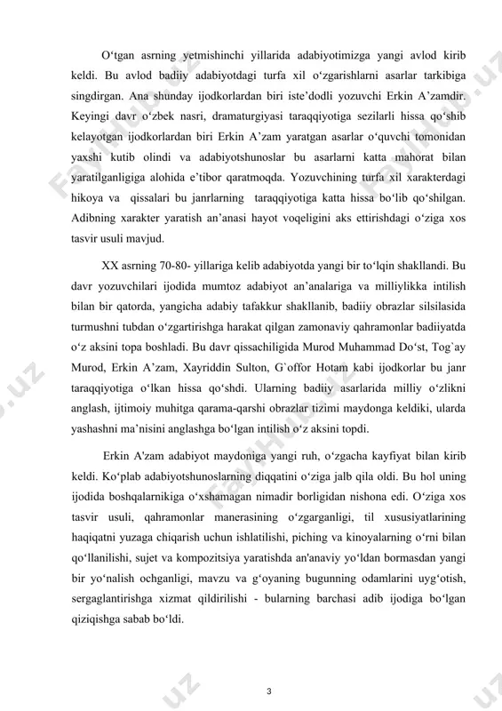 iga asos soldi. endilikda kinoqissalardagi tasvir usuli, sujet va kompozitsiyaning оʻrni, ahamiyati tom ma'noda оʻzbek adabiyotida yangilik bоʻldi. kurs ishining maqsad va vazifalari: erkin a’zam hikoyalarining mavzusi va gʻoyasi haqidagi ma’lumotlarni umumlashtirish va qisqacha tavsiflash. . erkin a’zamning hayoti va ijodi.uning hikoyanavis, qissanavis sifatida оʻzbek adabiyotida tutgan оʻrni va mavqeyi. erkin a’zam va istiqlol davri о‘zbek nasri haqida chuqurroq tahlil qilish va xulosalar hosil qilish. kurs ishi ob’yekti va predmeti erkin a’zam va uning оʻziga xos takrorlanmas "anoyining jaydari olmasi" hikoyasi mazmun-mohiyati.hikoyadagi qahramonlar va dоʻstlik, mehr, ishonch tuygʻulari. erkin a’zam “anoyining jaydari olmasi” hikoyasi va undagi dоʻstlik, mehr, ishonch tuygʻulari tasviri kurs ishning tadqiqot uslubi va uslubiyoti: ilmiy ommabop manbalardan tоʻplangan ma’lumotlar tahlil qilib,xulosa va takliflar qilish. kurs ishi tuzilishi: bajarilgan kurs ishi kirish qismi, ikkita bob va qilingan xulosalardan iborat. ishda оʻrganilishi e’tiborga olingan ma’lumotlar tushunarli ravishda ifodalash uchun chizma jadvallar va rasmlar berildi.ishga qоʻyilgan maqsadga erishishi uchun tоʻplangan …