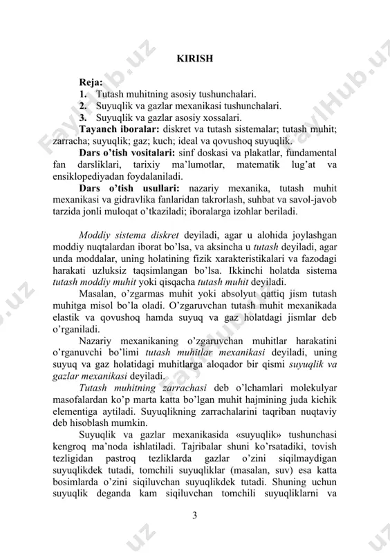 iq qilsak, juda ko’p oqimlarning yuqori aniqlikda tavsifini berish mumkin. suyuqlik va gazlarning, qattiq jismlardan farqli har xil asosiy belgilarini keltirish mumkin. qattiq jismlar oddiy sharoitda o’z shaklini saqlab turadi, suyuqlik va gazlar esa ularni o’rab turgan idish shaklidagina tura oladi. shunga ko’ra suyuqlik va gazlarning tashqi kuchlarga qarshiligi juda kam, ya’ni ular juda ham oson deformatsiyalanuvchan yoki qo’zg’aluvchan. ma’lumki, hamma kuchlarni uch turga ajratish mumkin: siquvchi; cho’zuvchi; sindiruvchi. kuzatishlar shuni ko’rsatadiki, suv, neft va boshqa moddalar suyuqliklar deb ataladi va ular: siquv-chi kuchlarga jiddiy qarshilik ko’rsatadi; uzilishga, aksincha, deyarli qarshilik ko’rsatmaydi; sindiruvchi kuchlarga (ya’ni zarrachalarning bir biriga nisbatan siljishiga) esa siljish tezligiga qarab har xil qarshilik ko’rsatadi. bu tezlik qancha katta bo’lsa qarshilik ham shuncha katta bo’ladi. gazlar ham xuddi shunday xossalarga ega. suyuqlik va gazlarning farqi shundaki, suyuqliklar siqilishda o’z hajmini juda ham kam o’zgartiradi, gazlar esa boyl-mariot qonuniga bo’ysungan holda ancha sezilarli siqiladi. qattiq jismlar uchala xil …