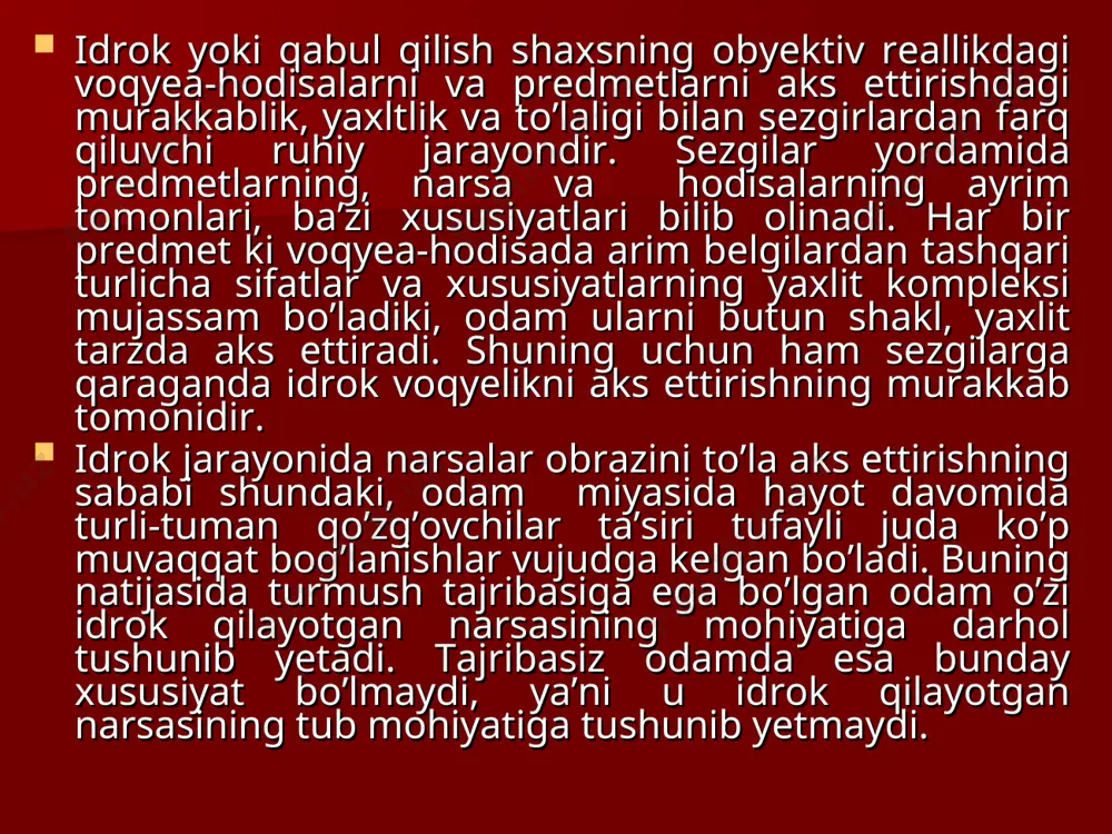 ajrata oladi. kuzatuvchanlik qobiliyati odamning mavjud sharoitini to’g’ri tushunishga, tevarak-trofdagi voqyea va hodisalarni samarali o’rganishga imkon beradi. odamning predmet va hodisalarni ma’lum reja asosida izchil ravishda aniq maqsadni ko’zlagan holda idrok qilishi kuzatish yoki kuzatuvchanlik deb aytiladi. kuzatuvchanlik shaxsning predmet, voqyea-hodisalarni va ularga xos barcha sifatlarni durust, to’g’ri, aniq qabul qilishning zarur sharti hisoblanadi. kuzatuvchanlikning muvaffaqiyati kuzatuvchining umumiy psixologik holatlariga bog’liq holda quyidagi shartlarni taqoza etadi: 1). aniq maqsad asosida kuzatish; 2) kuzatilayotgan narsa haqida ma’lum bilimga ega bo’lish; 3) doimiy va aniq rejali ravishda kuzatish; 4) kuzatuvchi obyektidagi zarur momentlarni darhol payqay ola bilish. har bir shaxs predmet yoki voqyea-hodisalarni ixtiyoriy ravishda to’liq va to’g’ri idrok qilishi uun kuzatuvchanlikning yuqoridagi shartlariga amal qilish hamda ixtiyoriy diqqat va iroda kuchidan yetarlicha foydalana olishi zarur. shaxsning muayyan maqsadni ko’zlamagan holda u yoki bu narsalarni qabul qilishi ixtiyorsiz idrokdir. butun diqqati bilan ma’ruza tinglayotgan talaba bir vaqtning o’zida koridordagi shovqinni ham idrok …