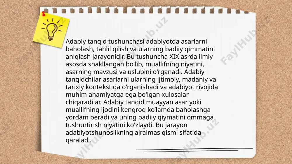 niqlash. ikkinchidan, tanqidchi tarixiy va ijtimoiy kontekstni hisobga olib, asarni tahlil qiladi. uchinchidan, yangi adabiy tendentsiyalarni aniqlash va ularning rivojlanishiga tasir korsatish. shuningdek, tanqidchilar asarlar va yozuvchilar o’rtasidagi aloqalarni tadqiq qiladi. axir, ularning faoliyati kitobxonlarga adabiy asarlarni to’g’ri tushunishda yordam beradi va adabiyotning umumiy rivojiga xizmat qiladi. tanqidchilikda aniq ilmiy yondashuv metodlari ishlatiladi, masalan, strukturalizm, poststrukturalizm va semiotika. ... t.me/slaydai_bot 10. adabiy tanqid metodi mavzusi adabiyotshunoslikda asarlarni tahlil qilish usullarini o'z ichiga oladi. bu metodlar asarning badiiy qimmatini, yozuvchi uslubini va mavzuni qanday yoritishini aniqlashga yordam beradi. adabiy tanqid tarixida turli metodlar, masalan, formalizm, strukturalizm, poststrukturalizm va boshqalar qo'llanilgan. har bir metod o'ziga xos yondashuv va prinsiplarga ega. masalan, formalizm asarning ichki tuzilishini va ma'lumotlarini tahlil qiladi, strukturalizm esa asarni kengroq madaniy va tilshunoslik nuqtai nazardan ko'rib chiqadi. bu metodlar asarlarning chuqurroq ma'nolarini tushunishda va adabiy jarayonlarni izohlashda muhim ahamiyatga ega. q.qaxramonov "adabiy tanqid: yangilanish jarayonlari" kitobini o'qib o'rganish yo …