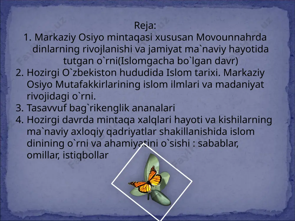 rning xix asr yarmidan boshlangan moslashuvi fanda "islomiy islohotlar" nomini oldi. lekin bu jarayon haddan tashqari cho'zilib ketdi va ko'p sohalarda ziddiyatli hollarni keltirib chiqardi. ular orasida panislamizm va musulmon jamoalarining boshqa konfessiyalardan ajratish g'oyasini aytishimiz mumkin. xx asrga kelib dunyoda islom omilining ta'siri kuchaydi. bunga sabab qilib, bir tomondan, dunyoda bu dinga e'tiqod qiluvchilarning soni ko'payib borayotganligi ko'rsatilsa, ikkinchi tomondan, turli rasmiy va norasmiy islomiy tashkilotlar faoliyatlarining kuchayishini ko'rsatish mumkin. xix asrning boshlarida misrda boshlangan mustamlakachilikka qarshi g'oyaviy kurashlar panarabizm (arab birligi) g'oyasini keltirib chiqardi. xix asrning ikkinchi yarmida esa bu g'oya panislomizm bilan almashdi. panislomizm g'oyasini birinchi bo'lib ilgari surgan kishi jamoliddin al-afg'oniy (1839-1897) hisoblanadi. u diniy-siyosiy arbob bo'lib, 1884 yili parijda muhammad abduh (1849-1905) bilan birgalikda "al-urvat al-vusqo" jurnalini nashr etdi va unda panislamizm g'oyalarini targ'ib qila boshladi. afg'oniyning g'oyalarini keyinchalik "musulmon birodarlar" radikal shakllarida rivojlantirildi. "musulmon birodarlar" ("al-ixvon al-muslimun") - 1928 yili misrning ismoiliya shahrida misrlik …