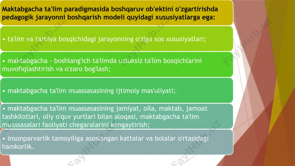 tashkiliy va ijro etuvchi funktsiya boshqaruvning har bir tsikliga taalluqlidir va maktabgacha ta'lim muassasasida faoliyatni tashkil etishning shaxsga yo'naltirilgan modelini amalga oshirishni o'z ichiga oladi; vazifalarni amaliy taqsimlash, ishni oqilona tashkil etish; • nazorat-diagnostika funktsiyasi maktabgacha ta'lim muassasasidagi ma'muriy va jamoatchilik nazoratini pedagogik jamoa ishtirokchilarining o'zini o'zi tahlil qilish bilan uyg'unligini o'z ichiga oladi (o'qituvchilar o'rtasida bolalar faoliyatining turli turlarini tashkil etishda o'zaro tashriflar, ochiq eshiklar kuni, ota-onalarni so'roq qilish, va boshqalar.); maktabgacha ta'lim muassasalarida pedagogik boshqaruvning maqsadlari quyidagilardan iborat. pedagogik boshqaruvning tamoyillari maktabgacha ta'lim muassasasida boshqaruvni tashkil etishning oqilona usullarini aniqlash, o'qituvchining saviyasini oshirishga yordam beradi. menejmentni rivojlantirish uchun shart-sharoitlar yaratish: pedagogik jarayondagi yangiliklar, o'qituvchining kasbiy darajasini oshirish, ijtimoiy sheriklik, iqtisodiy faoliyatning yangi shakllari. - ilmiy xususiyat, izchillik, insonparvarlik, moslashuvchanlik, optimallik, ijtimoiy shartlash. pedagogik menejmentda menejer (o'qituvchi)ning asosiy vazifalari quyidagidan iborat.. - o'z boshqaruv faoliyatini o'z-o'zini tahlil qilish; ta'lim jarayonining holati va rivojlanishi, o'quvchilarning bilim darajasi, ular haqidagi ma'lumotlarni …