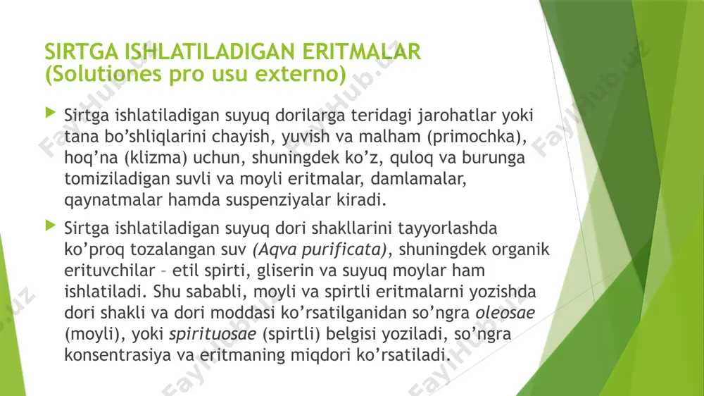 iladigan eritmalar agar oddiy erituvchida tayyorlangan bo’lsa resept kengaytirilgan va qisqartirilgan shakllarda yoziladi. kengaytirilgan usulda resept yozilganda dastlab barcha ingrediyentlar nomi yoziladi va miqdori ko’rsatiladi. dori moddalarining, so’ngra erituvchining nomi qaratqich kelishigi birlikda, kukun og’irligi grammlarda, erituvchi hajmi millilitrlarda yoziladi. so’ngra misce. da. signa. - м.d.s. va qo’llash usuli ko’rsatiladi. kengaytirilgan shakldagi reseptda "ad" qismi o’zbek tilida "gacha" ma’nosini beradi va erituvchining miqdorini belgilangan umumiy hajmga yetkazish kerakligini bildiradi. misol. 500 мл 2% хлорамин (chloraminum) eritmasiga resept yozilsin. rp.: chloramini 10,0 aq. purificatae ad 500 ml m.f. solutio d.s. qo’llarni dezinfeksiyalash uchun. qisqartirilgan usulda resept yozilganda rp.: dan so’ngra avvalo dori shaklining nomi – solutionis (qaratqich kelishigi, birlik sonda), dori moddasi, uning konsentrasiyasi va eritmaning umumiy hajmi yoziladi. eritma konsentrasiyasi ko’pincha foiz ko’rinishida, ba’zan nisbatlarda, juda kam hollarda og’irlik birliklarida ifodalanadi. qisaqartirilgan ko’rinishda: rp.: sol. chloramini 10,0 – 500 ml d.s. qo’llarni dezinfeksiyalash uchun. yuqorida berilgan resept qisqartirilgan foiz ko’rinishda …